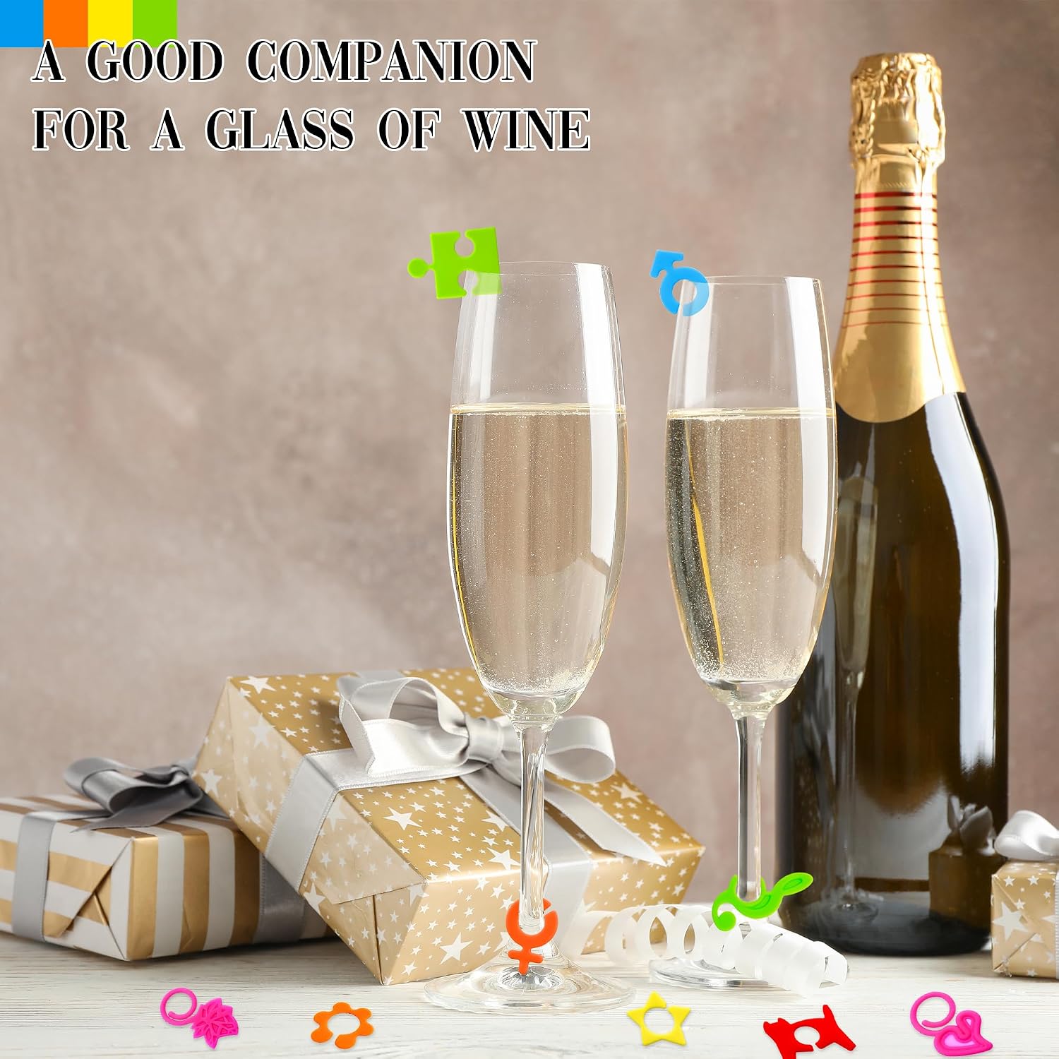 48Pcs Wine Glass Markers Charms Silicone Drink Markers Champagne Cup Labels Rings for Stem Glasses Cocktail Champagne and Beverage Party Supplies