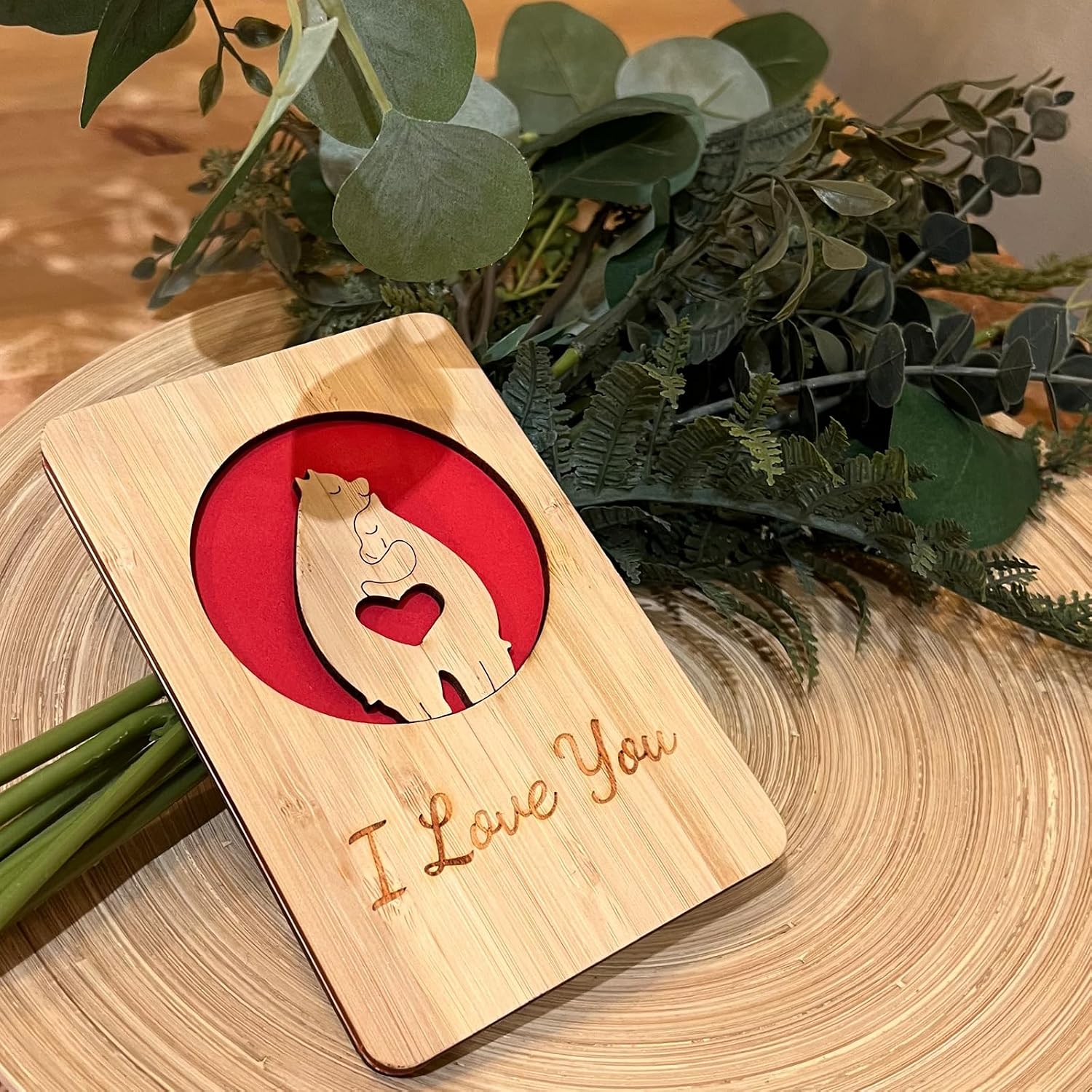 | Handmade Sustainable Bamboo Love Cards | Anniversary Cards for Mom,Mothers day Gifts for Her, Him|Bear Heart