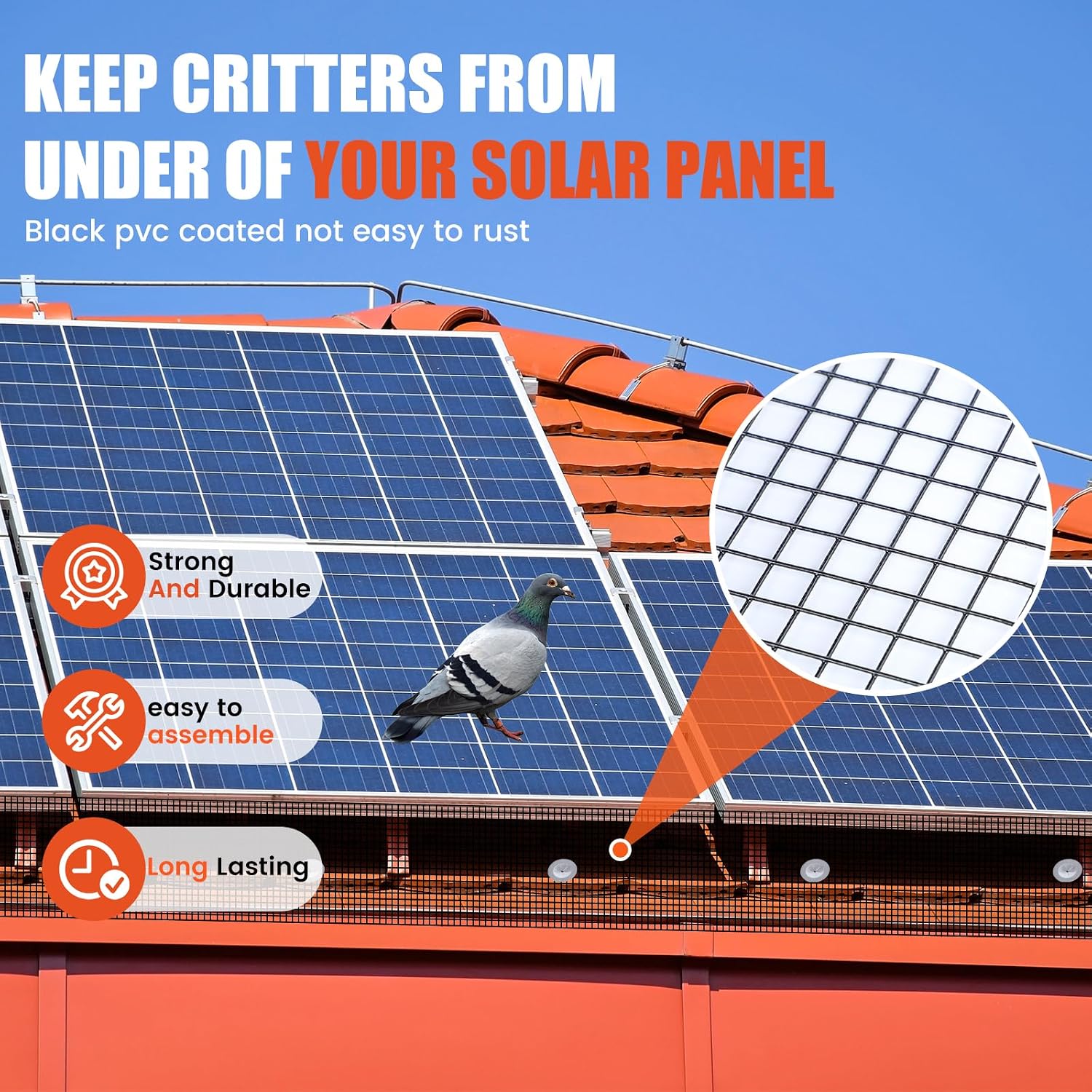 1/2" Solar Panel Bird Guard Mesh Kit 6" x 100' with 60 Fastener Clips, PVC Coated Galvanized Critter Guard for Solar Panels, Bird Barrier & Roof Protection Net for Squirrel, Rodent & Pigeon Prevention