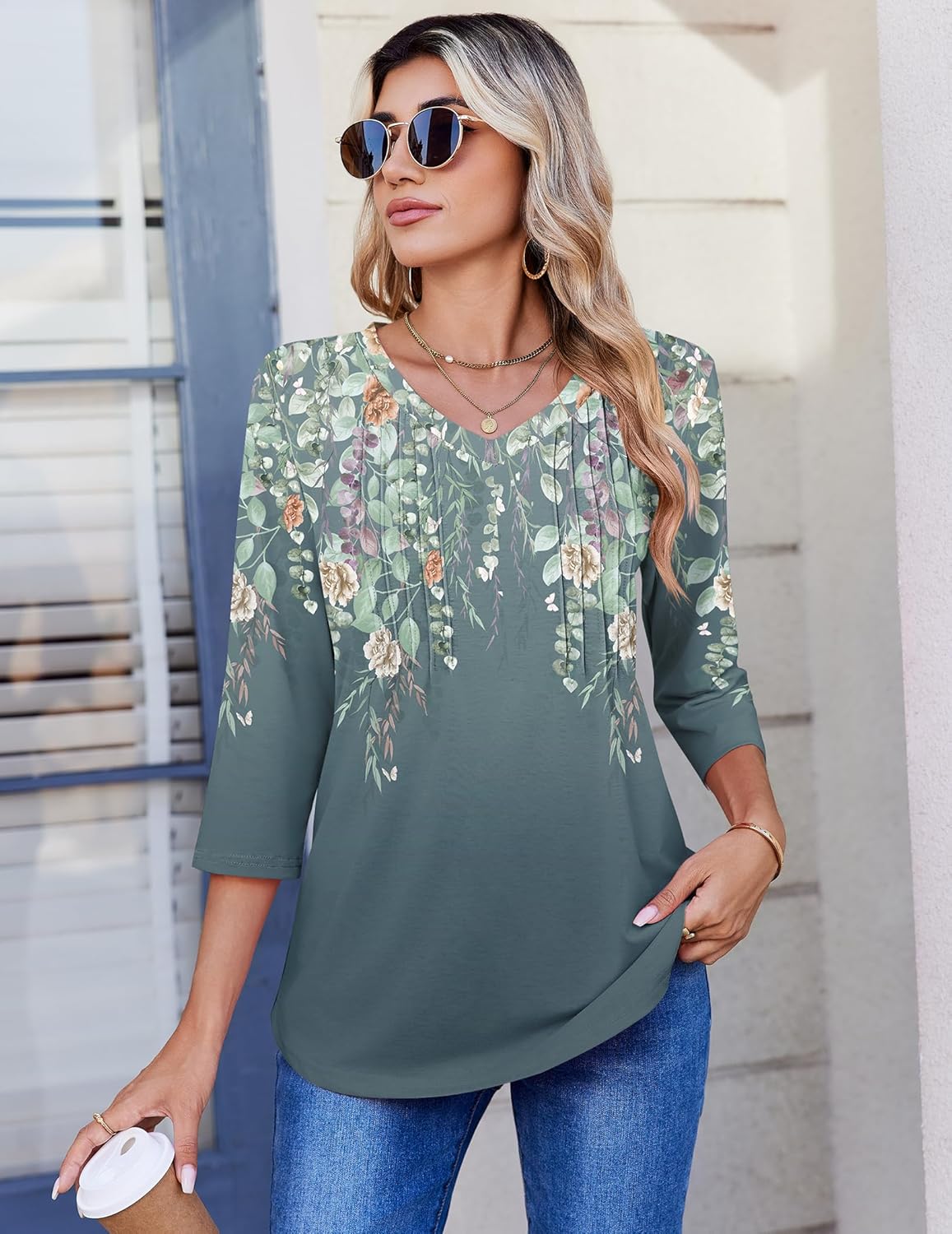 Zeagoo 3/4 Length Sleeve Womens Tops Casual V Neck Pleated Top Boho Floral Blouses Work Shirts - Image 3