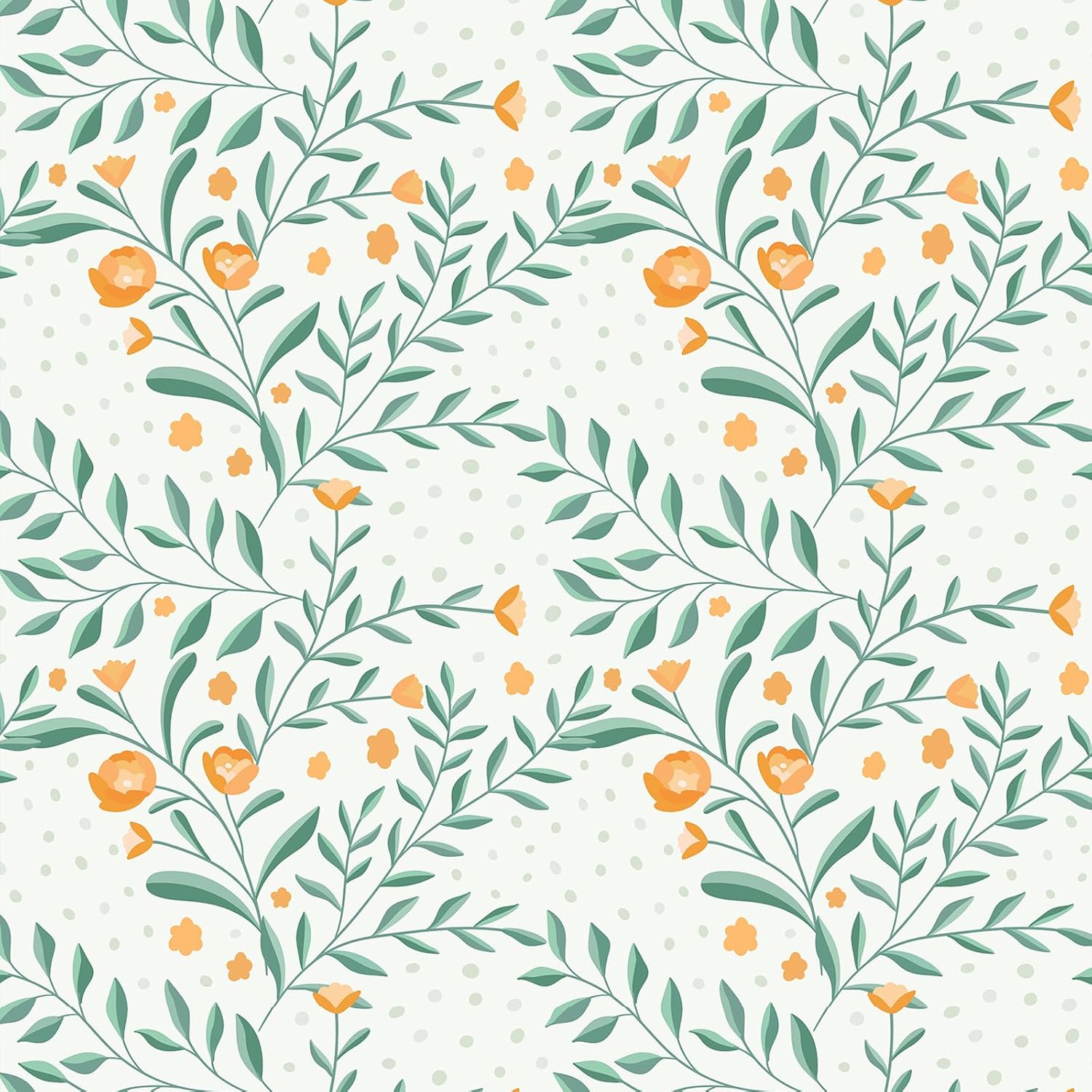 VEELIKE Cottagecore Wallpaper Peel and Stick Green & Orange Floral Wallpaper for Girls Bedroom Nursery 17.7''x354'' Removable Botanical Wall Paper Self Adhesive Contact Paper for Cabinets Accent Walls