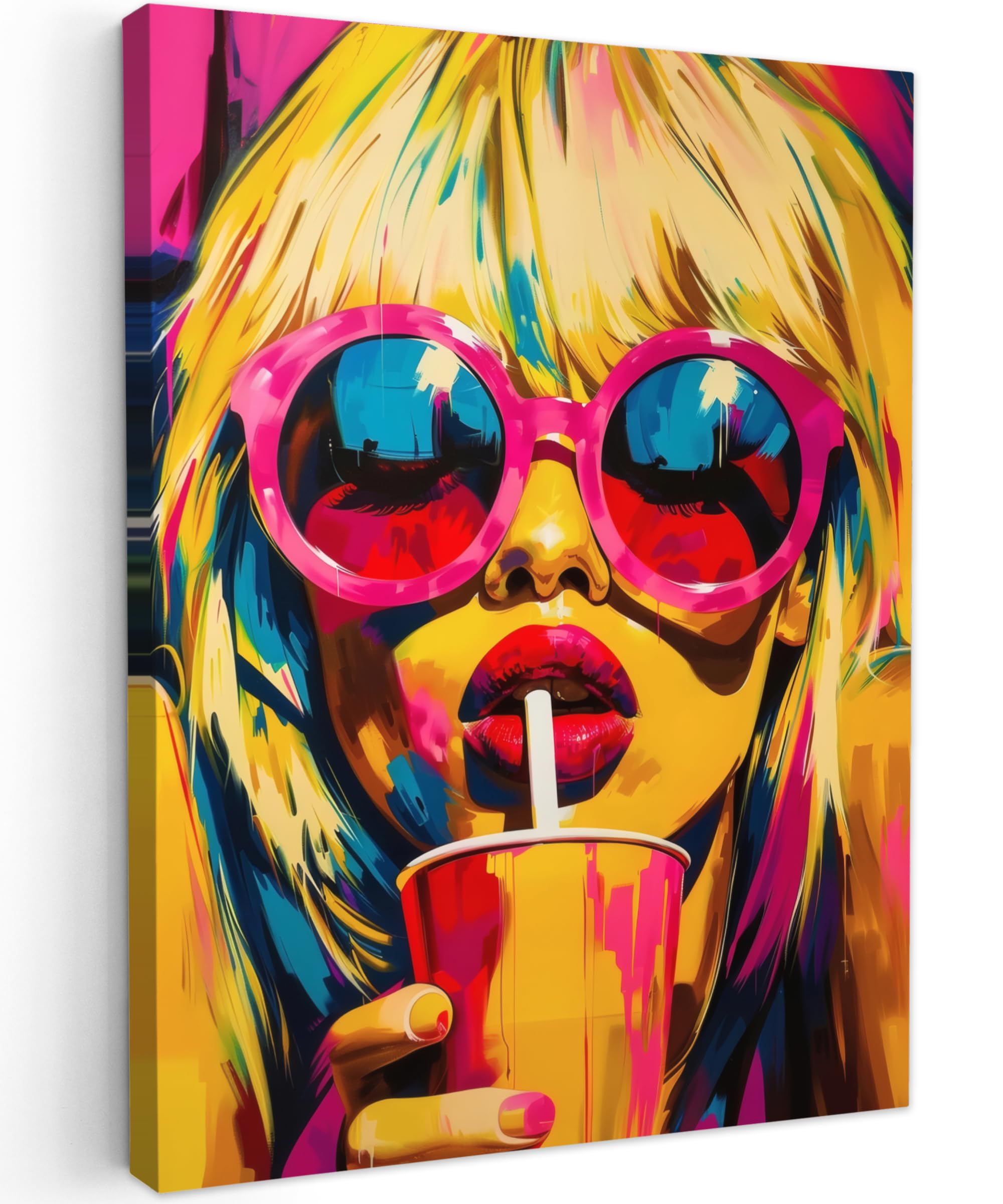 MuchoWow© Canvas Wall Art 20"x28" / 50x70 cm Decor Prints for Living Room Decorative Canvases Hall Artwork Sunglasses - Pink - Woman - Straw