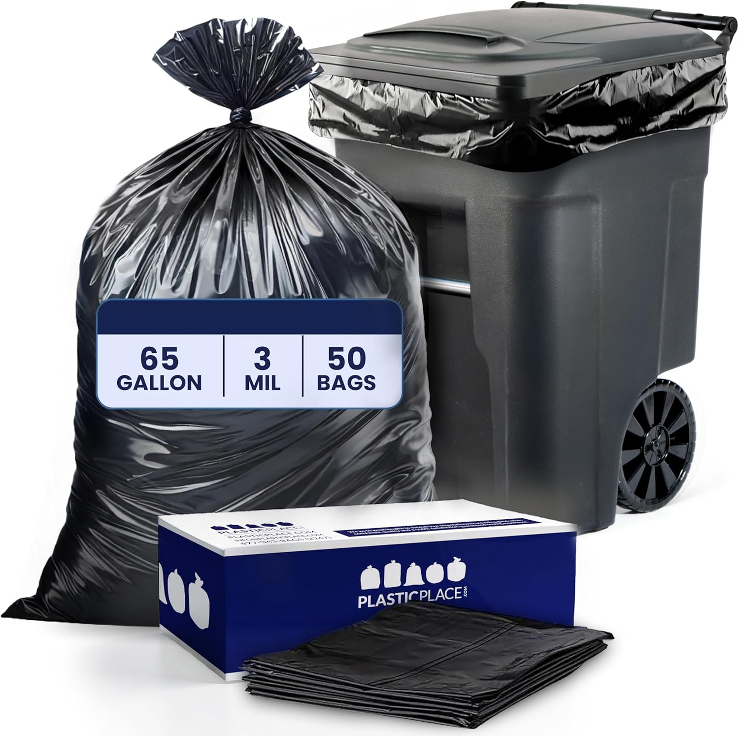 Plasticplace 65 Gallon Trash Bags │ 3.0 Mil │ Black Heavy Duty Garbage Can Liners │ 50” X 48” (50Count)