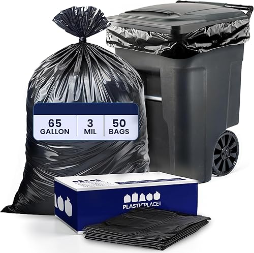 Plasticplace Bolsas de basura de 65 galones │ 3.0 mil │ Revestimientos negros resistentes para botes de basura │ 50 x 48 pulgadas (50 unidades)