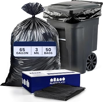 Plasticplace 65 Gallon Trash Bags 3.0 Mil Black Heavy Duty Garbage Can Liners 50 X 48 50Count