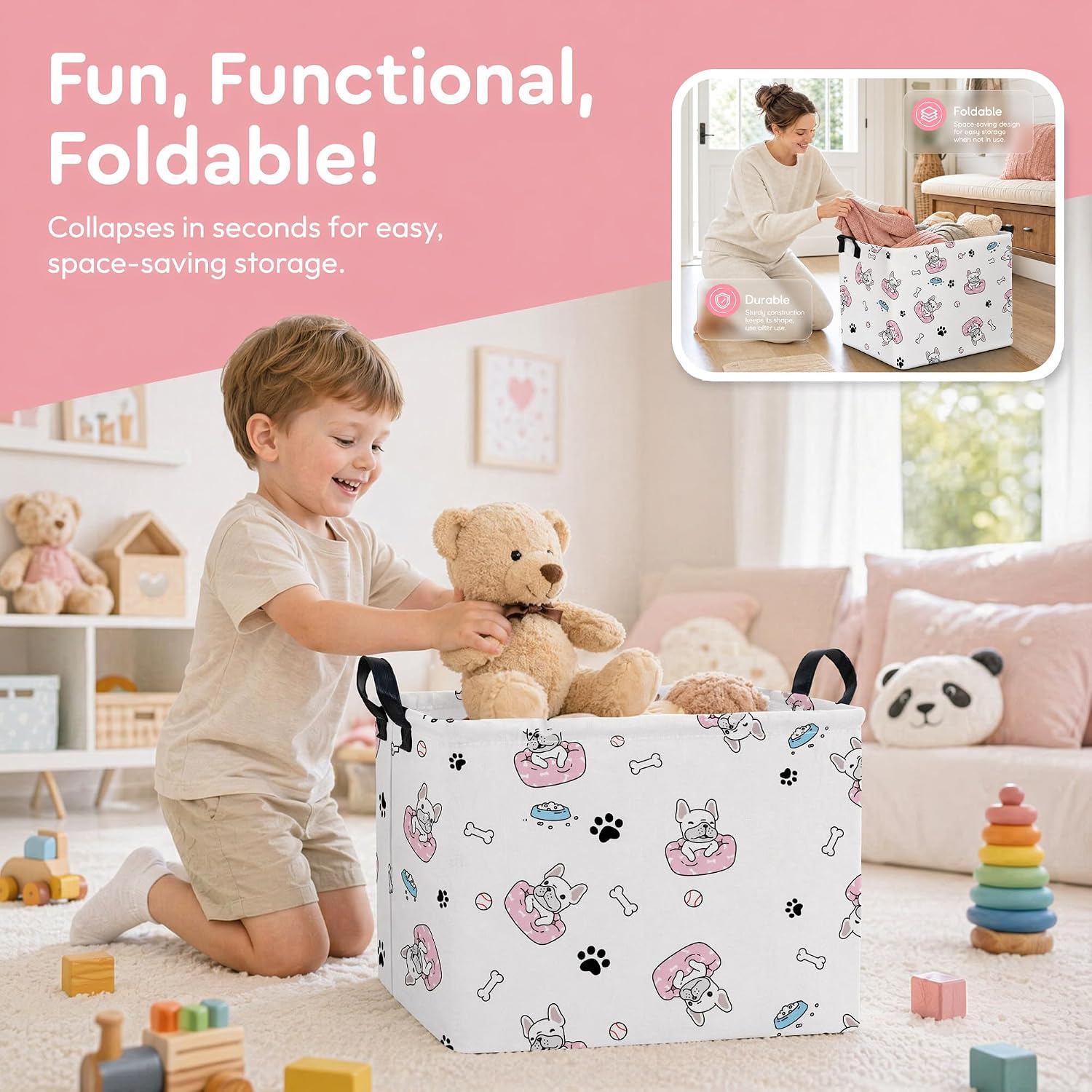Large Dog Toy Basket Puppy Box Storage Bin (Pink Black) | Holder French Bulldog Stuff Organizer, Room Decor Gifts