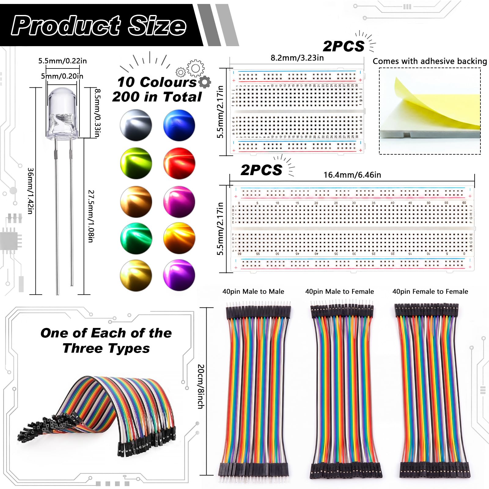 Chumia Kit de componentes electrónicos de 1324 piezas, 4 tablas de pan 830/400, 120 cables de puente de 20 cm (M/M M/F F/F), 1000 piezas de resistencia de 1/4 W 1Ω-1MΩ 5%, 200 piezas LED de 3 mm, 10