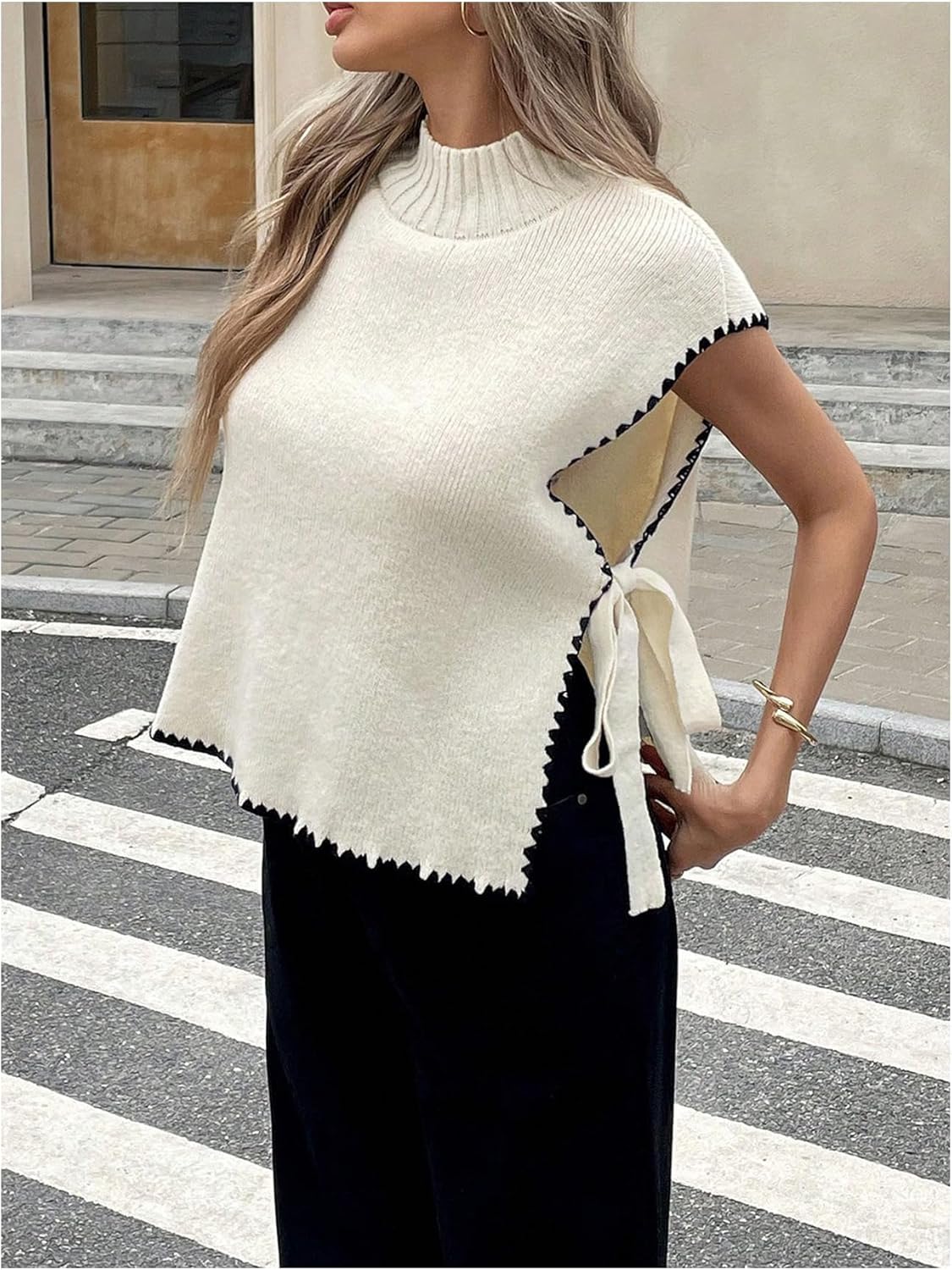 Verdusa Women's Old Money Sweater Tie Knot Slit Sweater Vest Mock Neck Cap Sleeve Lightweight Knit Tops - Image 3