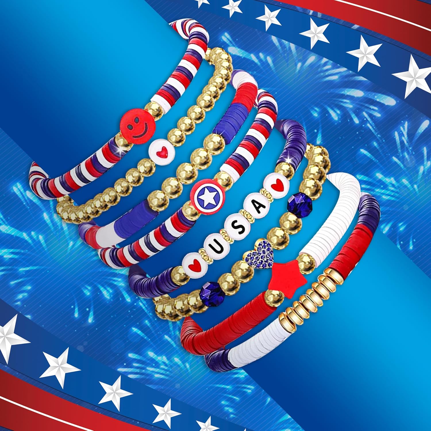 Go Ho 4th of July Outfits for Women: 8 Pack Patriotic Red White and Blue Beaded Stackable Stretch Bracelets Set with USA Letter,Star & Smile Charms,Fourth of July Decorations Accessories Shirts Outfits