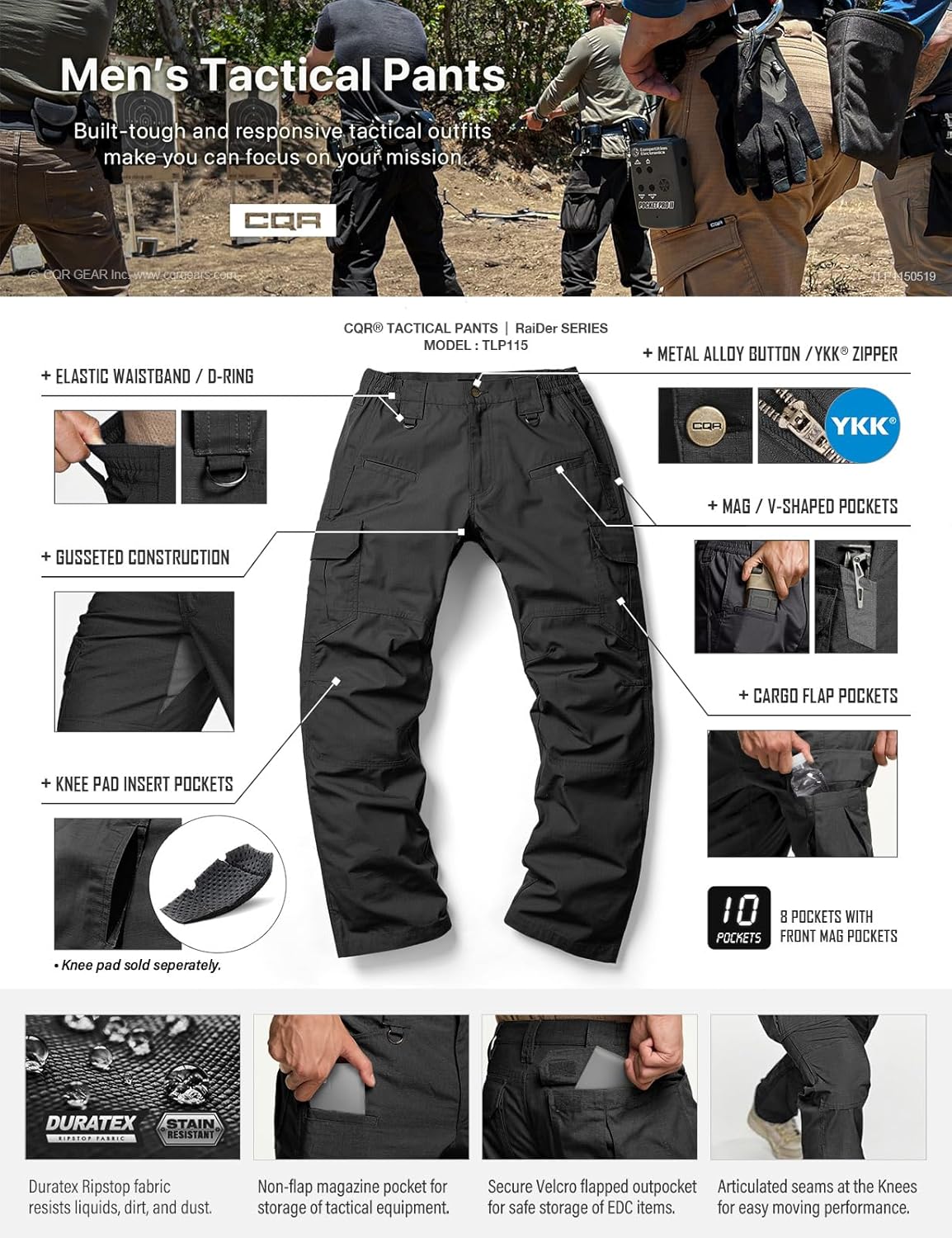 Miniatura 6 de CQR Pantalones tácticos para hombre, resistentes al agua, pantalones cargo Ripstop, ligeros EDC trabajo, senderismo, ropa para exteriores