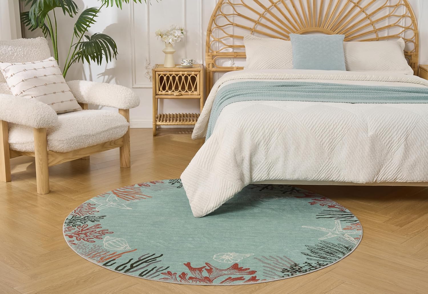 Seaside Coral Style Soft Machine-Washable Faux Wool Stain Resistant Rug Rubber Non-Slip Backing for Playroom Bathroom Living Room Bedroom Bedside Beachy Coastal Nautical Rug (Aqua, 5' Round)