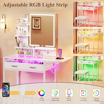 Small Vanity Desk with Mirror and Lights, Makeup Vanity Desk with Lights 3 Colors, Transparent Top, Storage Drawers, Chair, Shelves, White Vanity with Fold-up Panel and Power Outlet for Bedroom
