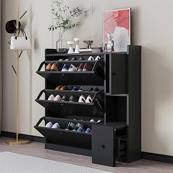 Shoe Storage Cabinet with 3 Flip Drawers, Modern Shoe Cabinet with Slide Drawer & Pull-Down Seat for Entryway Hallway, Wooden Freestanding Shoe Rack Organizer for Heels Boots Slippers Black