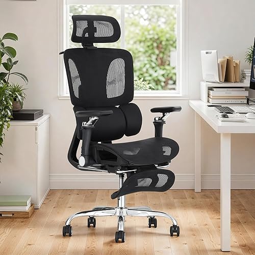 Miniatura 9 de Silla de oficina ergonómica con soporte lumbar dinámico de 3 zonas, silla de oficina grande y alta con reposapiés, profundidad de asiento ajustable,