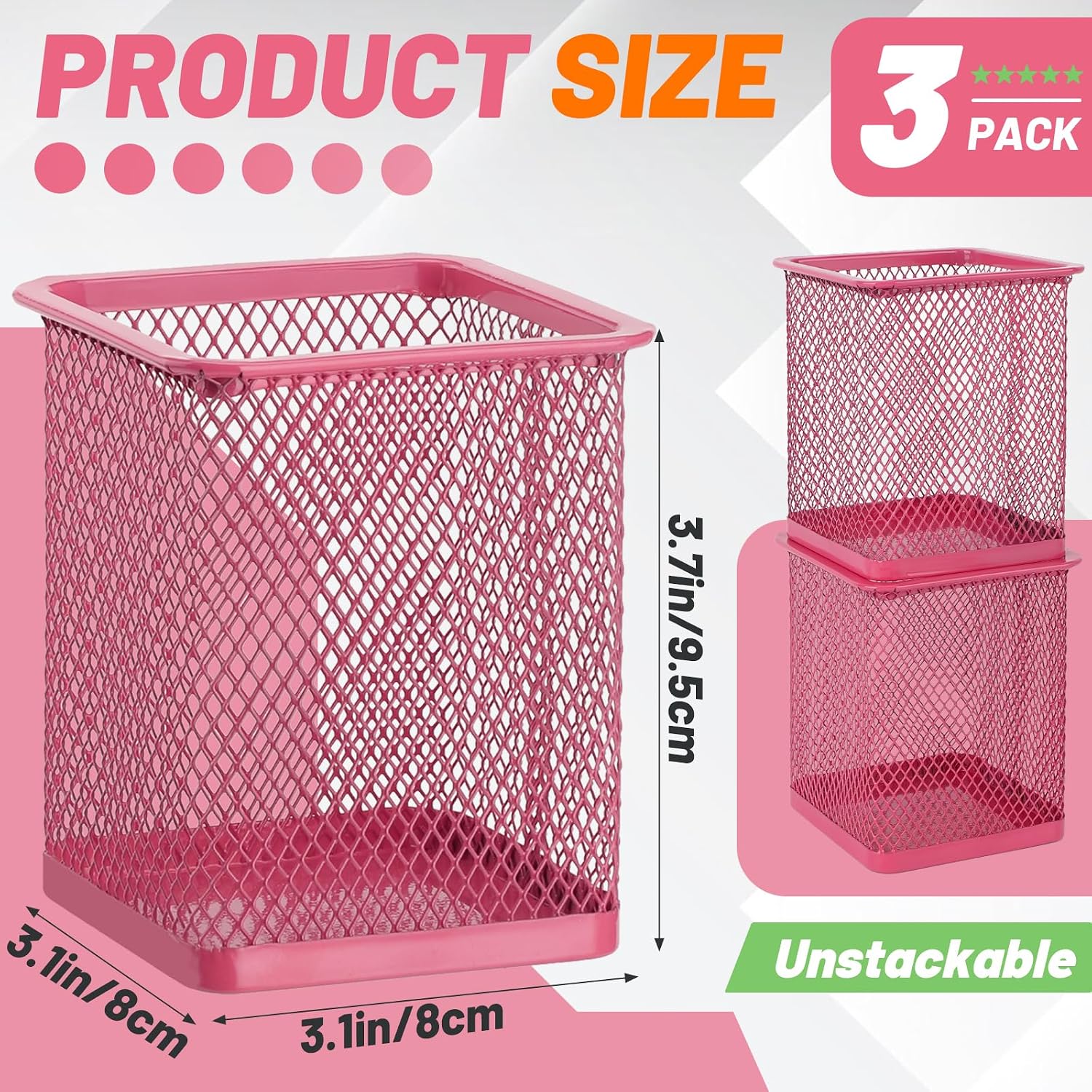Segarty Pen Cup Holder, 3 Pack Square Dark Pink Pen Holder for Desk, Cute Mesh Pencil Cups Container Set for Office Supply, School Classroom, Home Desktop Storgae and Organization, Brushes Organizer image 2
