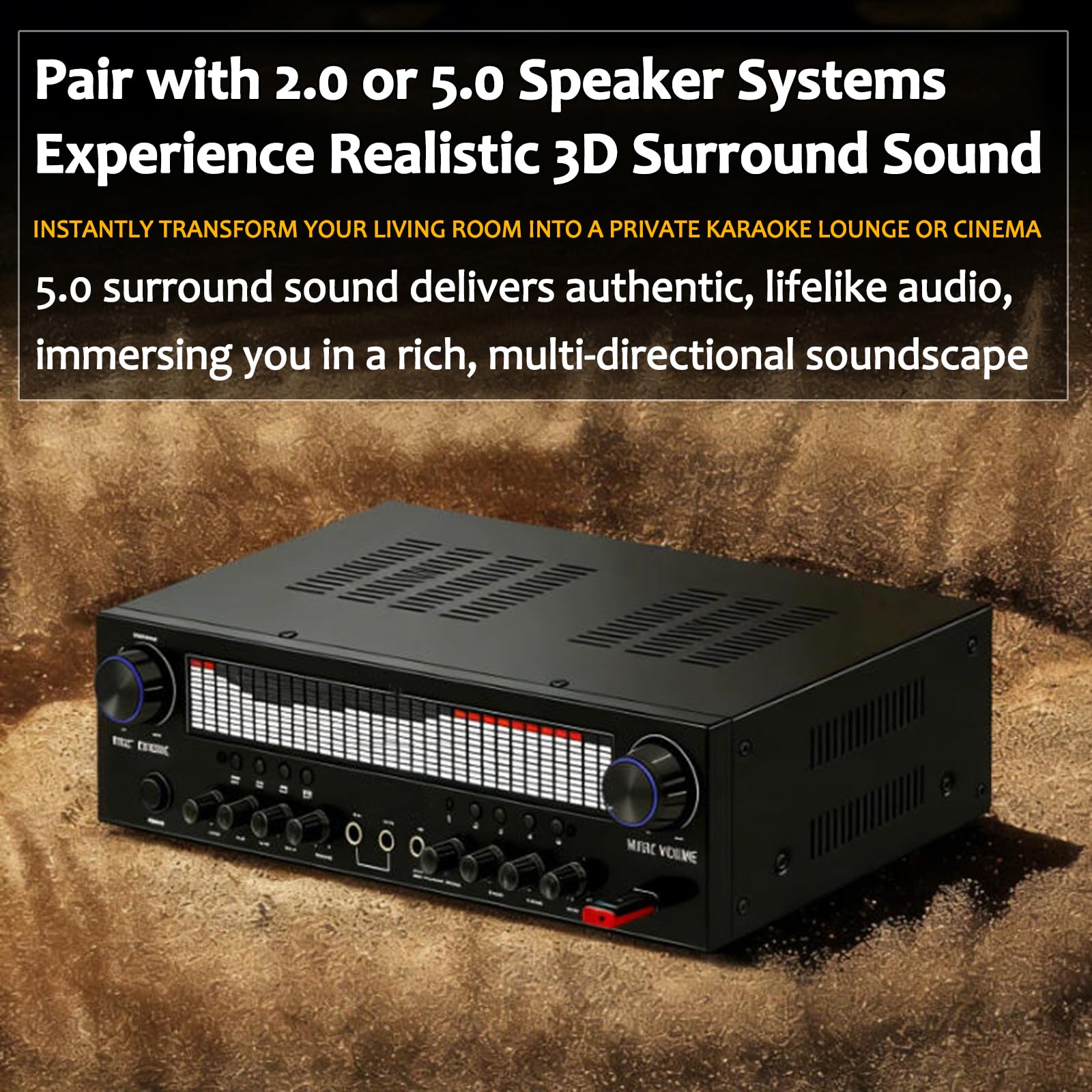 Amplificador De Audio Estéreo, Amplificador Bluetooth 6.0 para El Hogar, Receptor De 5 Canales, 3 Entradas De Micrófono, con Dsp, Entradas USB/aux/óptica/coaxial, Mando A Distancia