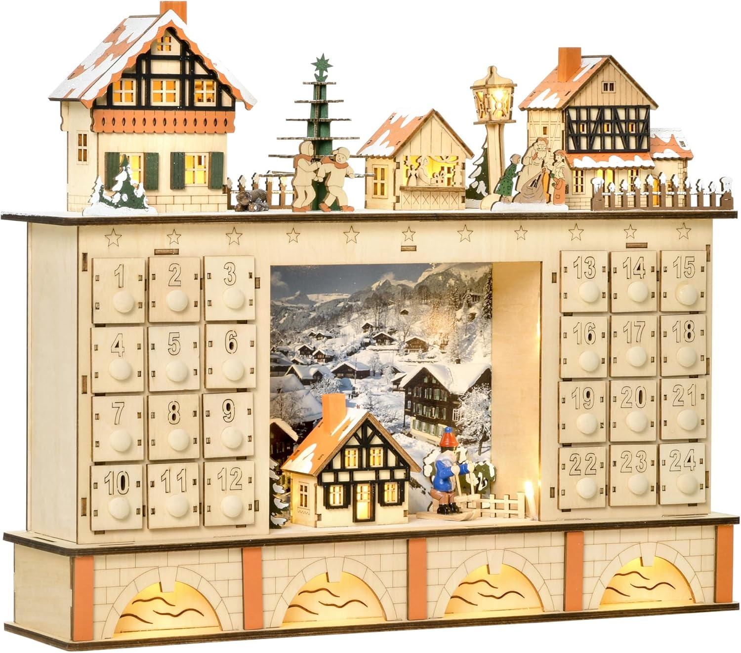 HOMCOM Christmas Advent Calendar, Light Up Table Xmas Wooden Store Holiday Decoration with Countdown Drawer, Village, for Kids and Adults, Natural