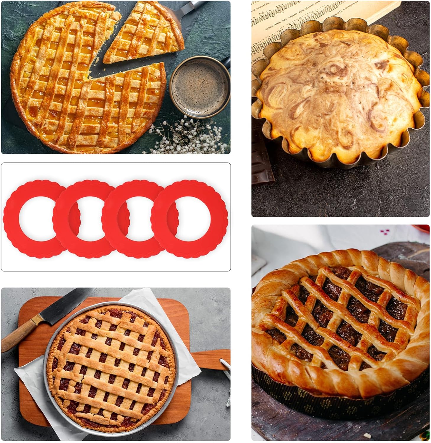 4 Pcs Mini Pie Crust Shields, Pie Crust Protector for Edges Baking Silicone Crusts Shield for 4 to 6 in (Red)