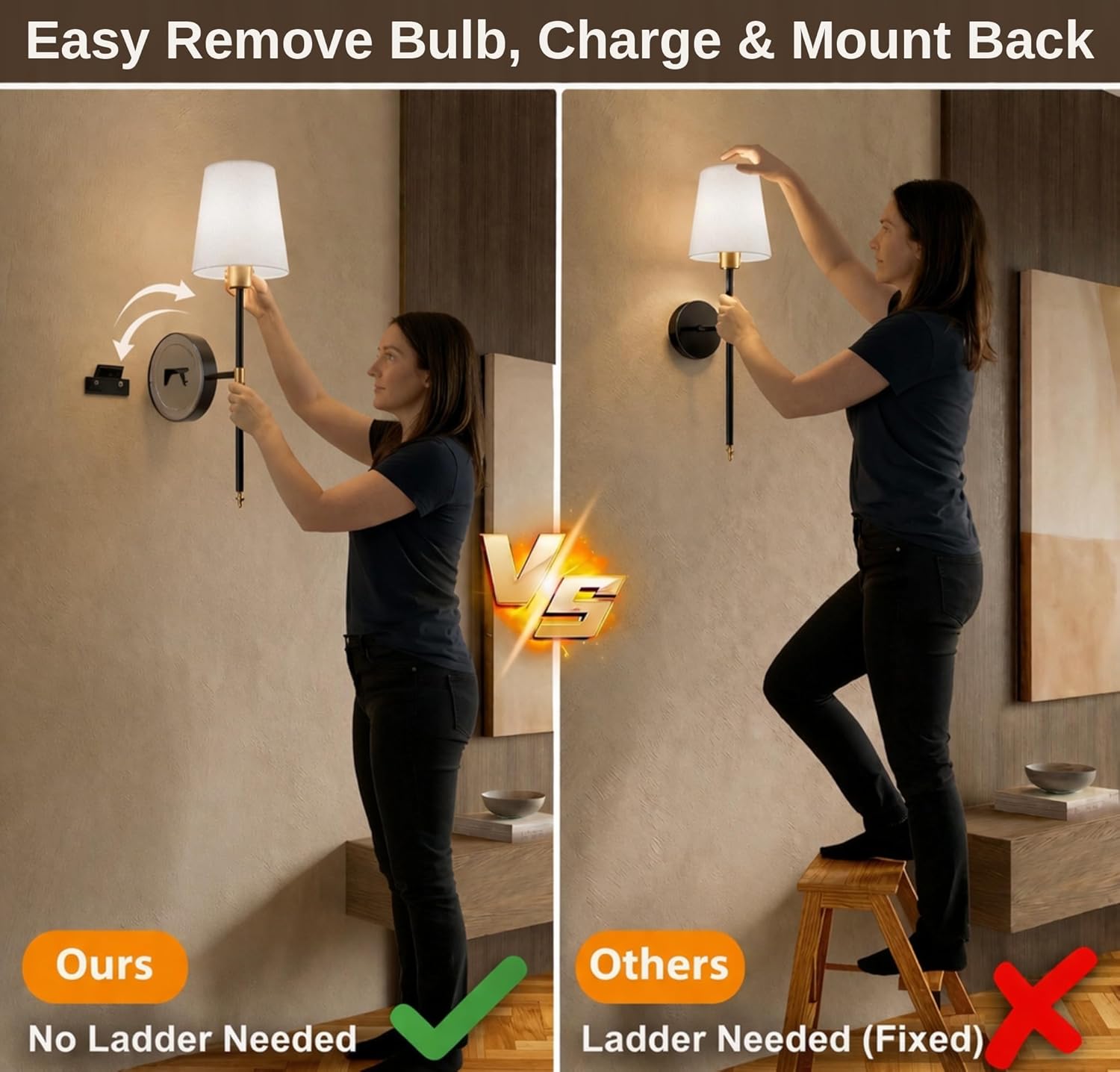 Wall Sconces Battery Operated Set of 2, Rechargeable Wall Sconce, 10 Colors Wireless Wall Sconces Set of Two, 5200mAh Dimmable Bulbs and Remote, for Bedroom Living Room, Hallway Decor (Gold - 24 inch)