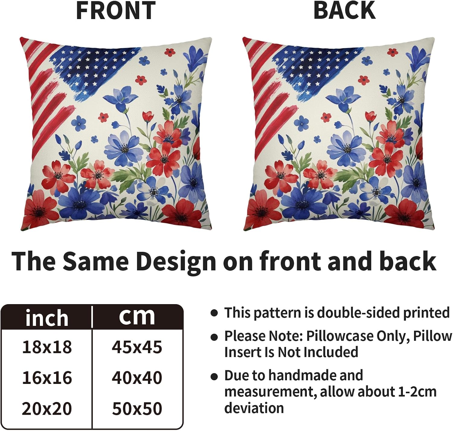 Blue Red Patriotic Floral American Flag Pillow Covers 24X24 Set of 2, 4th of July Flower Decorative Throw Pillow Covers Outdoor Memorial Day Independence Holiday Cushion Cases Couch Sofa Bed Decor