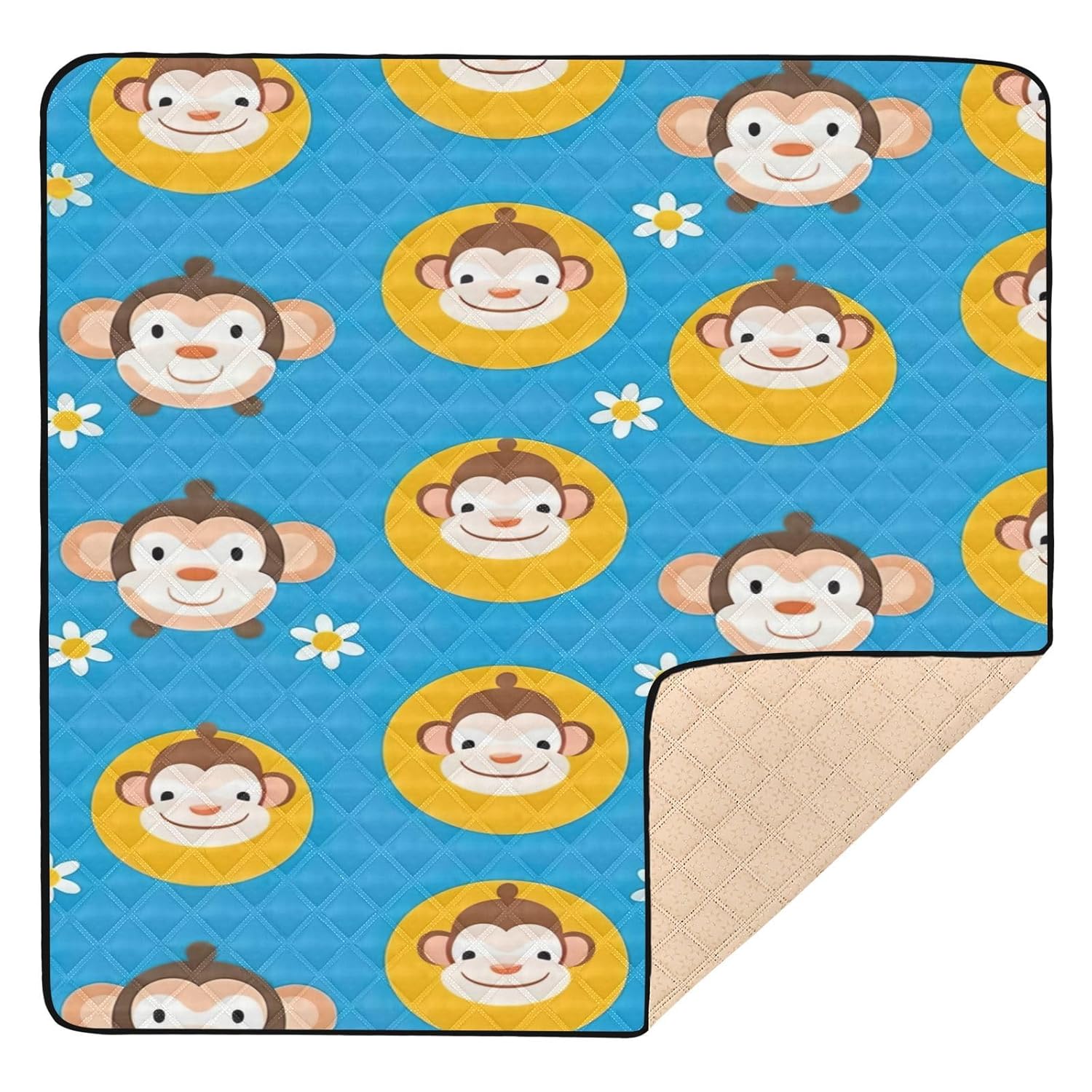 Qilmy Cartoon Monkey Baby Gyms Play Mat for Floor, Waterproof Soft Crawling Mat with Non-Slip Bottom, Lightweight Foldable Picnic Camping Mat for Infants, Toddlers, 50x50in
