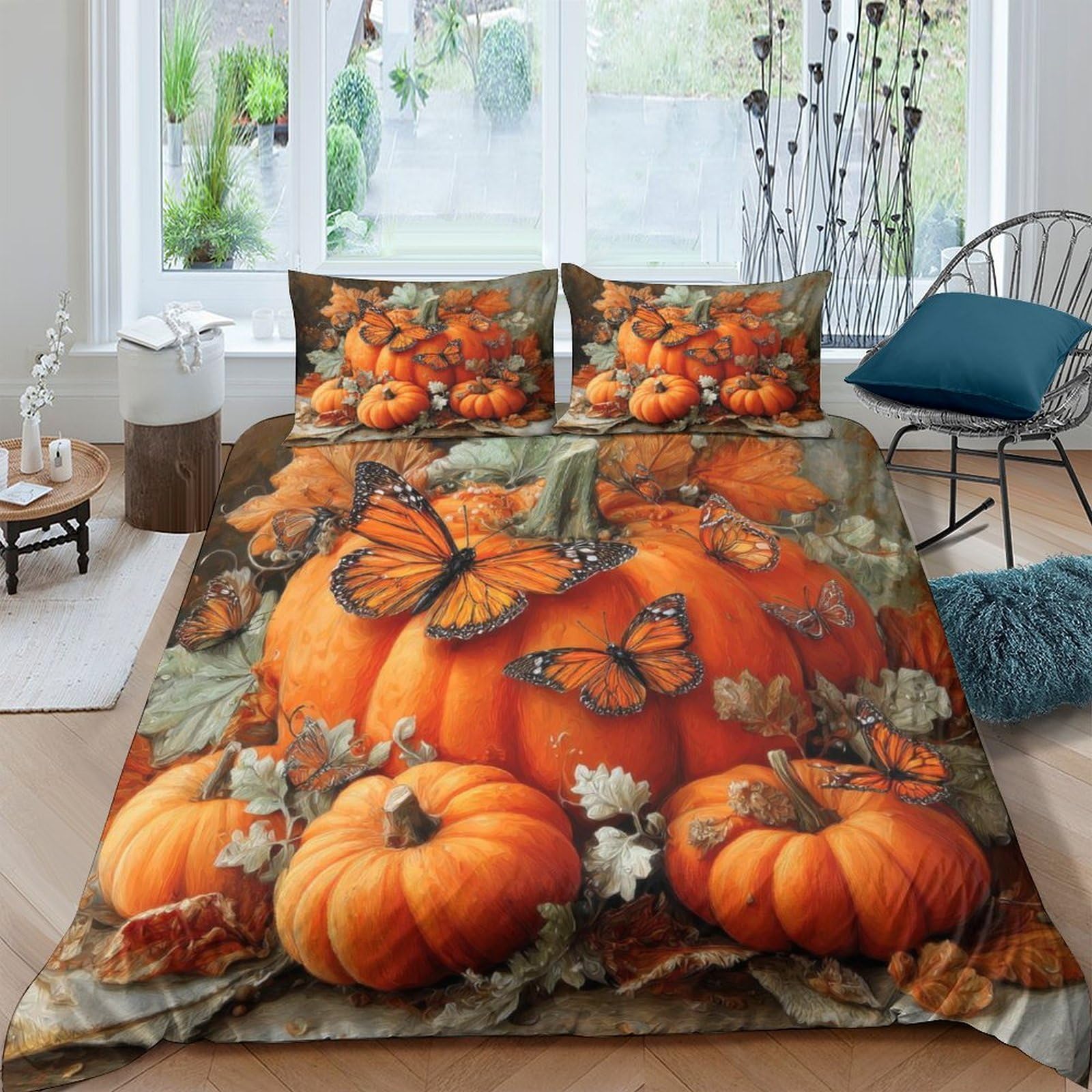 Ctjqhvkz Style-4 3D Printed Pumpkin Butterfly Fitted Sheet Microfiber Autumn Harvest Bed Cover For Bedroom Guest Room Mattress Decor Single（135X200cm）