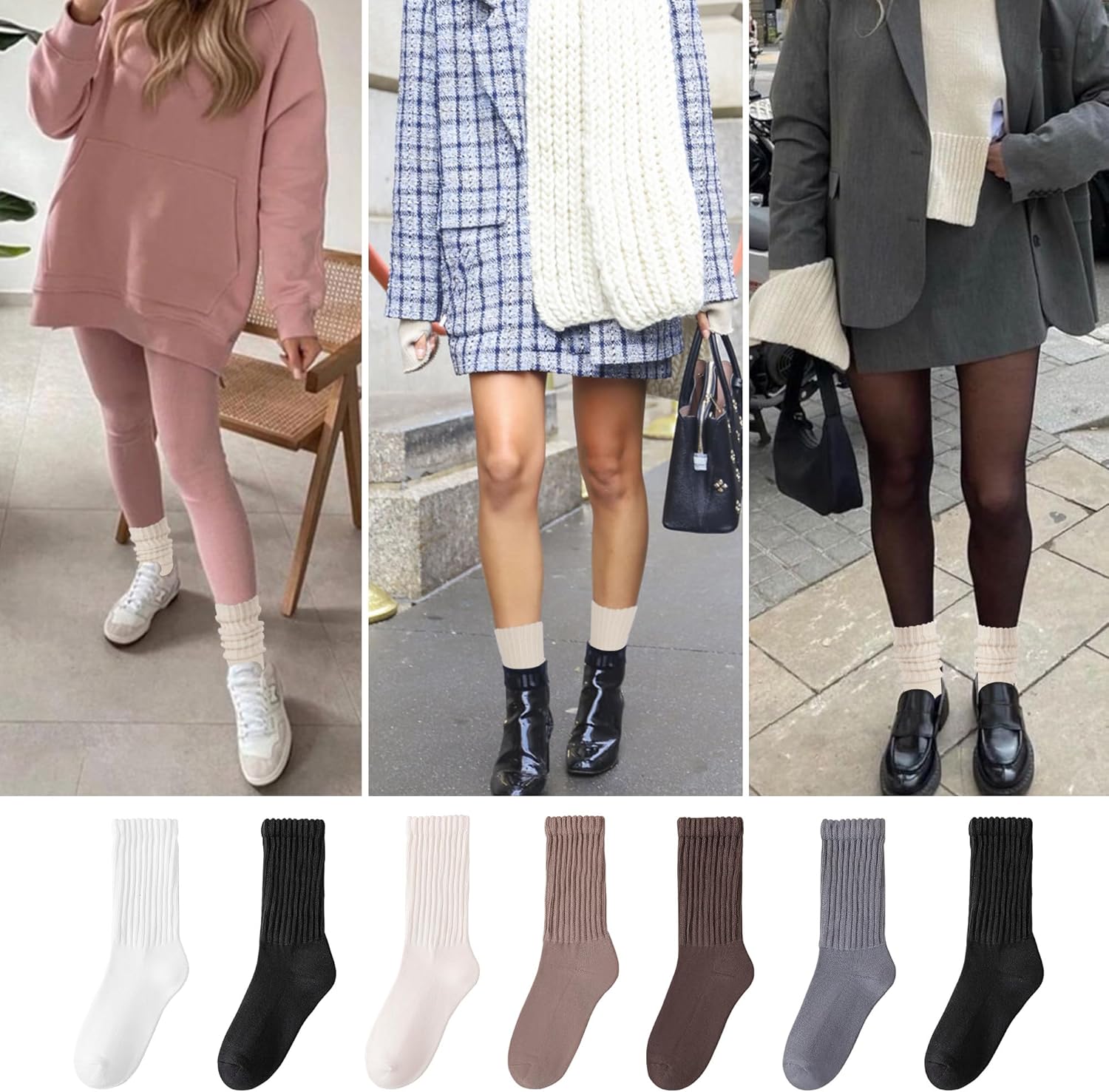 Women’s Scrunch Socks - Retro Solid Cotton Boot Calf Socks with Chunky Ribbed Cozy Slouchy Style - Image 2