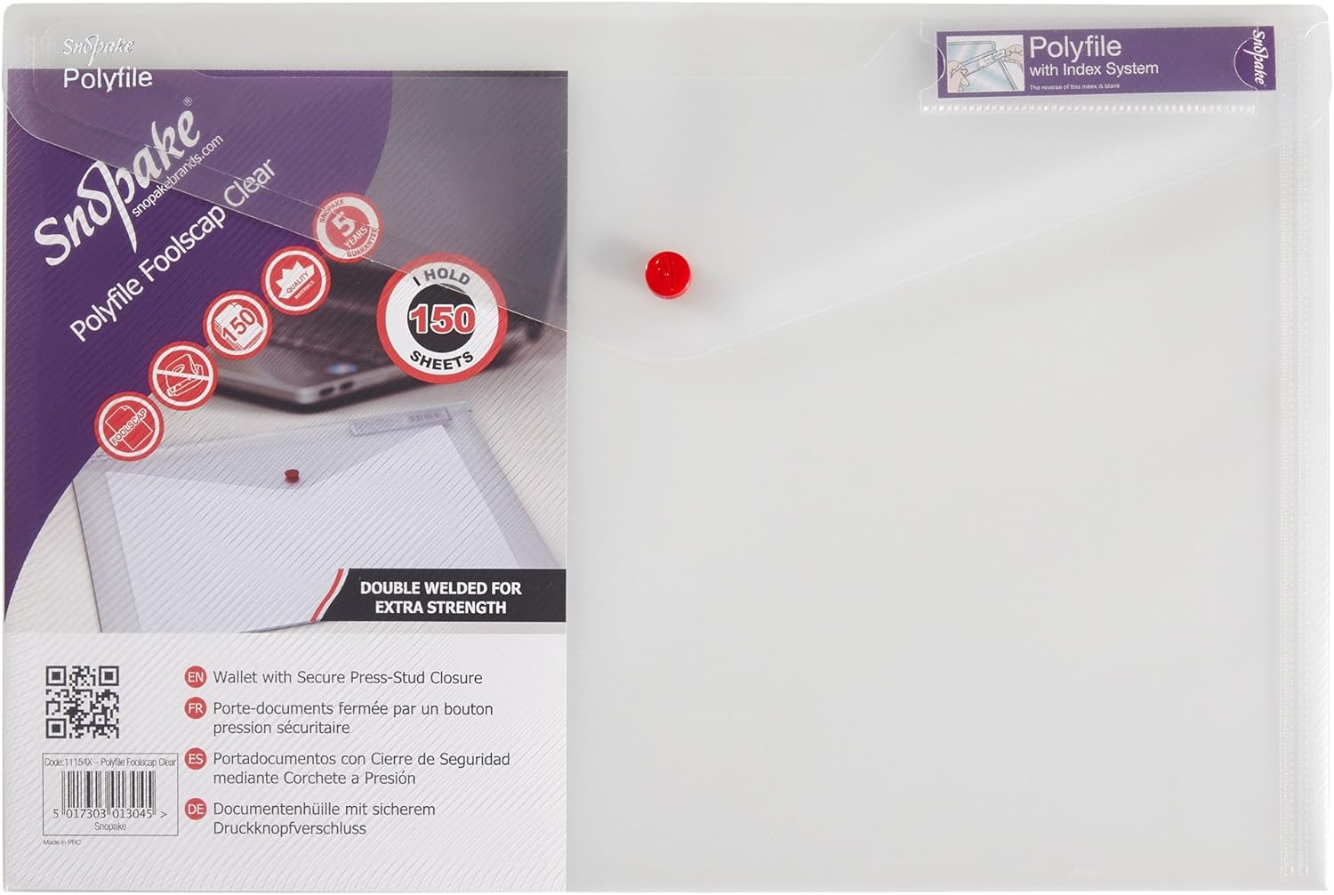 Snopake Foolscap Clear Polyfile [Pack of 5] Popper Wallet with Index Tab and Press Stud Closure [11154X]