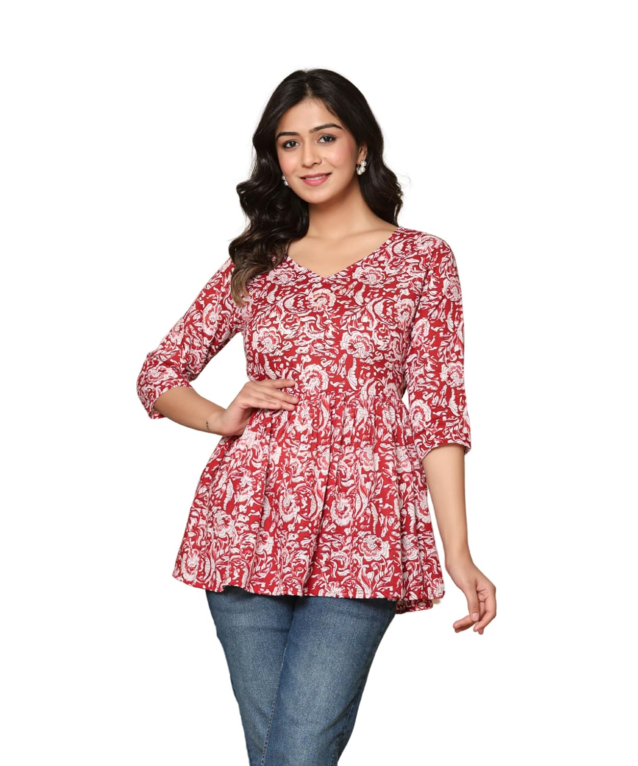 COTTBELLE Women’s Stylish Floral Printed Rayon Short Kurta | Length Printed Kurta with Elegant 3/4 Sleeve & Round Neckl | Women’s Kurta