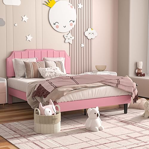 Miniatura 32 de VECELO Base de cama tamaño Queen tapizada con cabecera ajustable copetuda/base de colchón con soporte de listones de madera, fácil montaje, azul