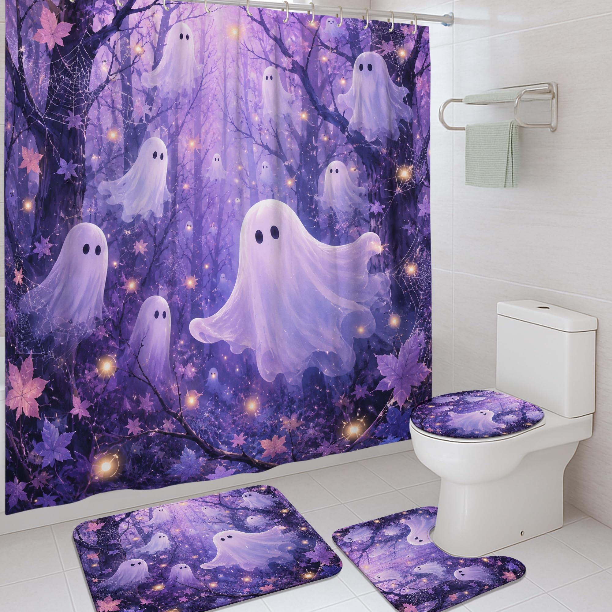Rideau de douche en polyester violet motif fantastique avec tapis de sol