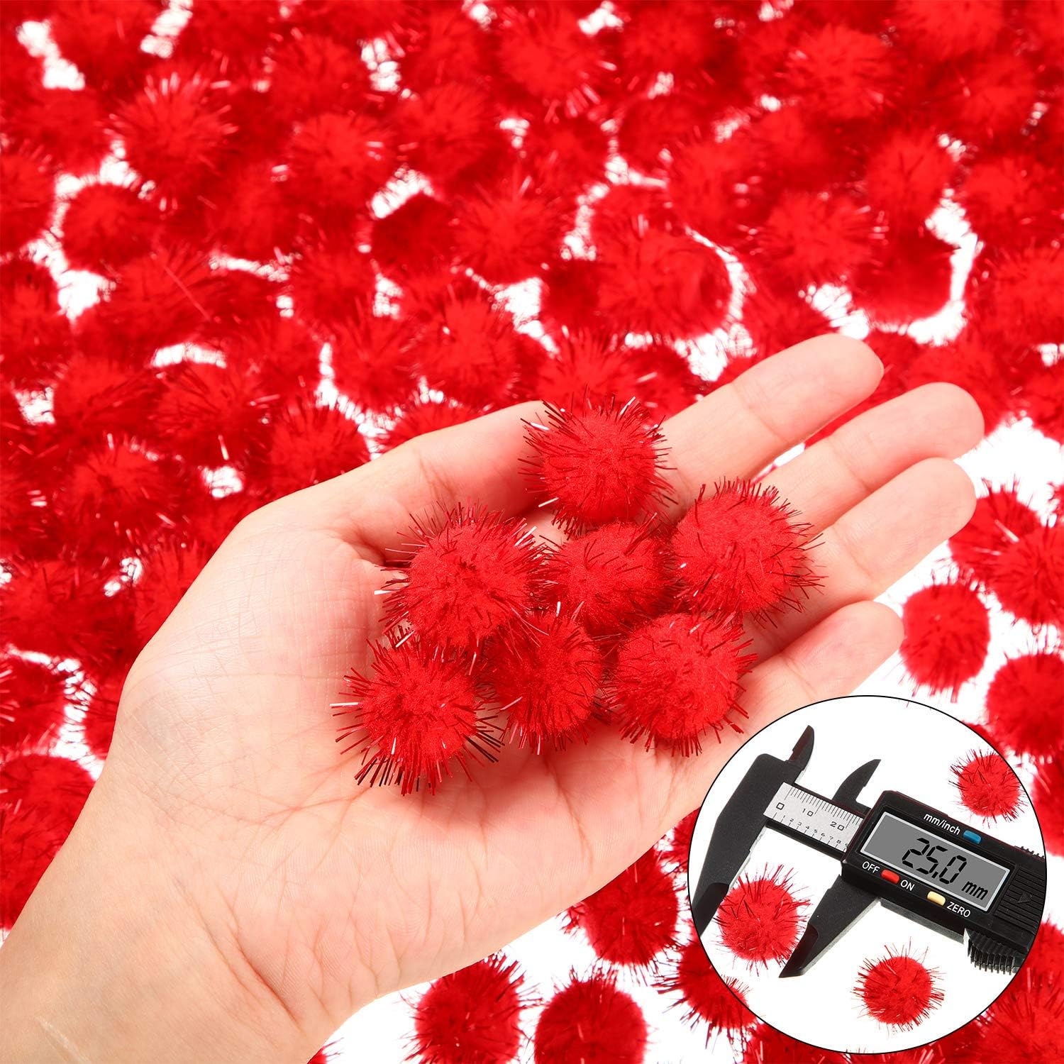 Shappy 500 Pieces Christmas Glitter Pompoms 1 Inch Fuzzy Pom Poms Arts Crafts Making Balls for Hobby Supplies Craft DIY Party Decoration (Red)