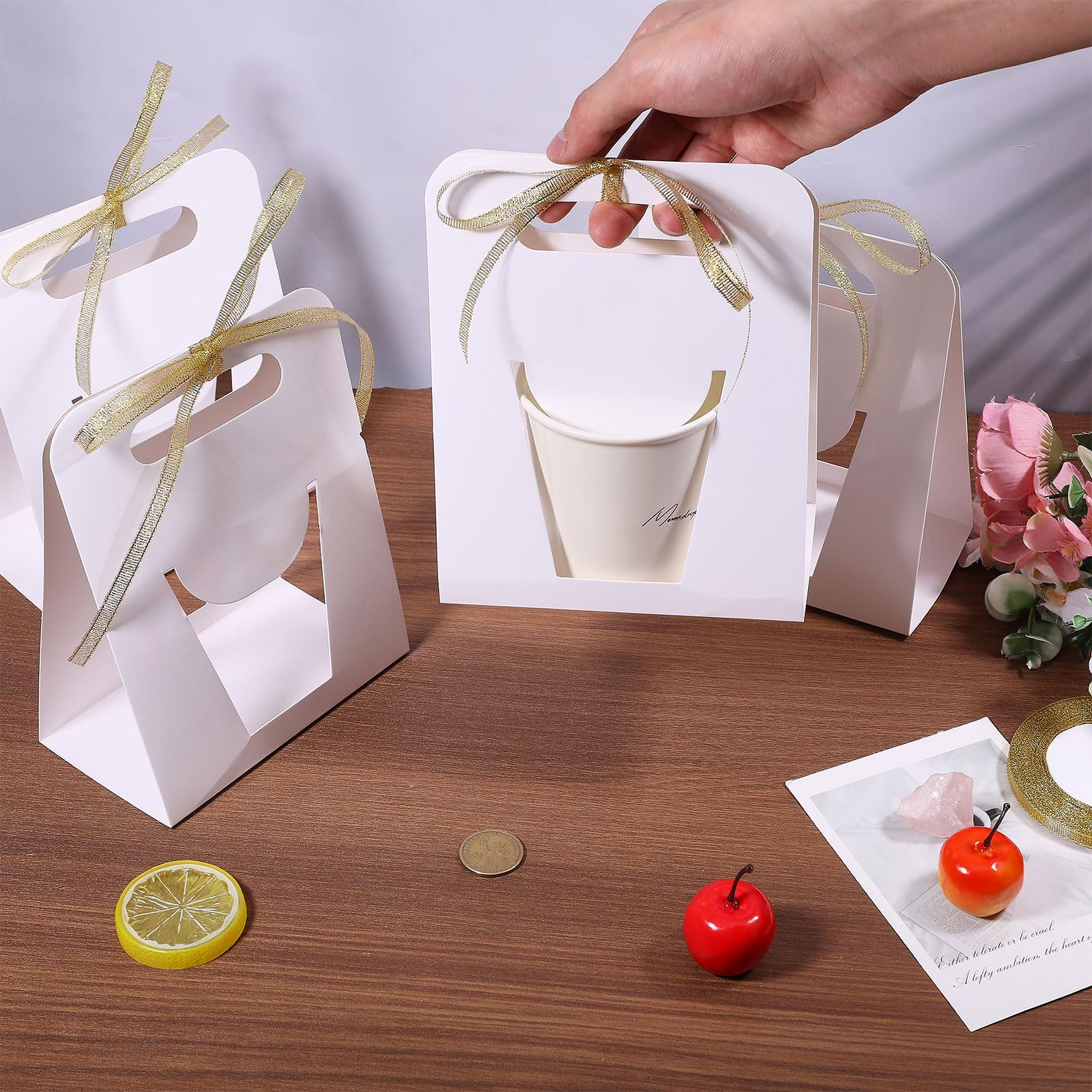 FREEBLOSS 50Pcs Mug Boxes for Gift with 1 Roll Ribbon Gift Boxes for Sublimation Coffee Cups Wrapping Box White Foldable Boxes with Built-In Handle - Image 3