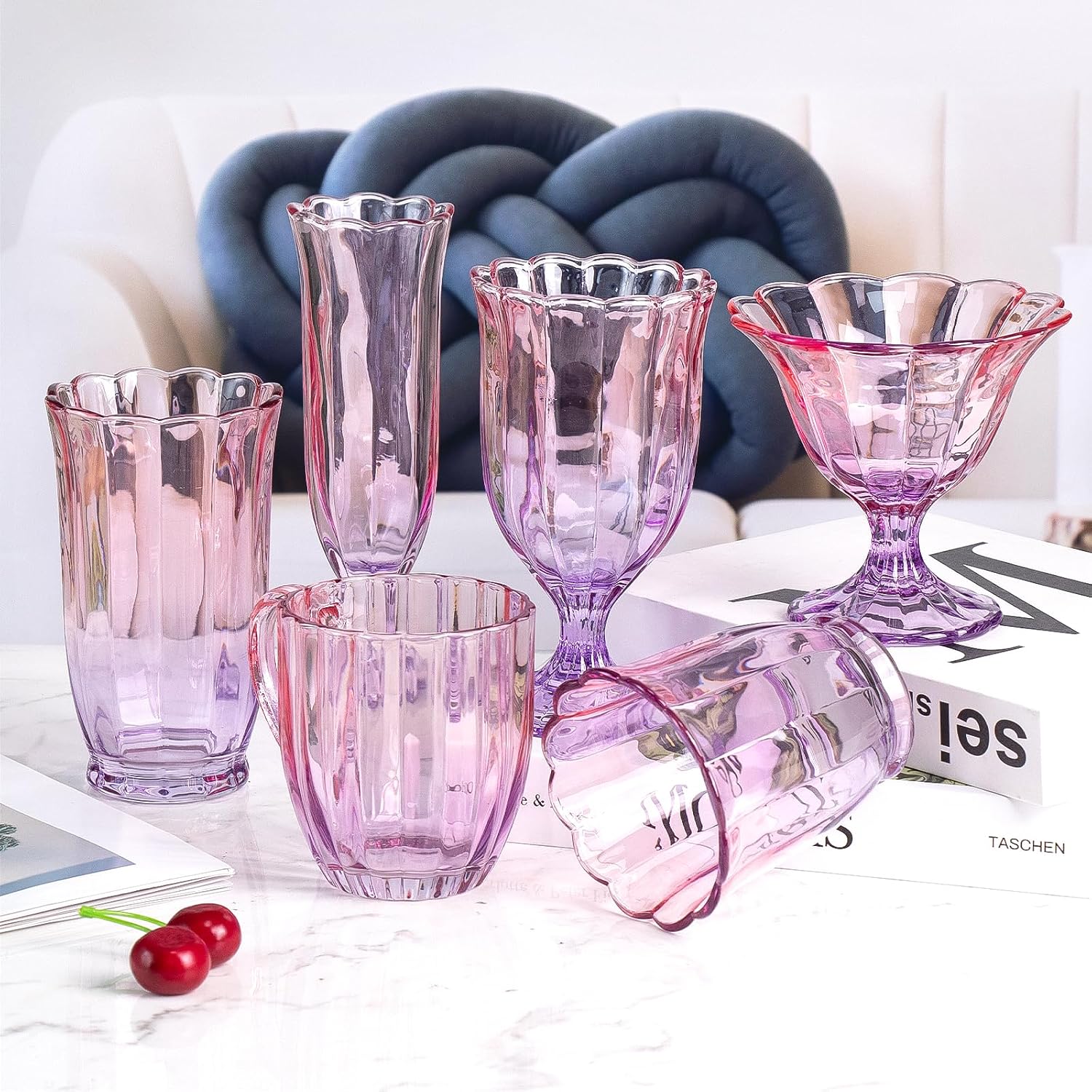 Goblet Glasses Set of 2, 350ML Decorative Stemmed Drinking Glasses, Purple