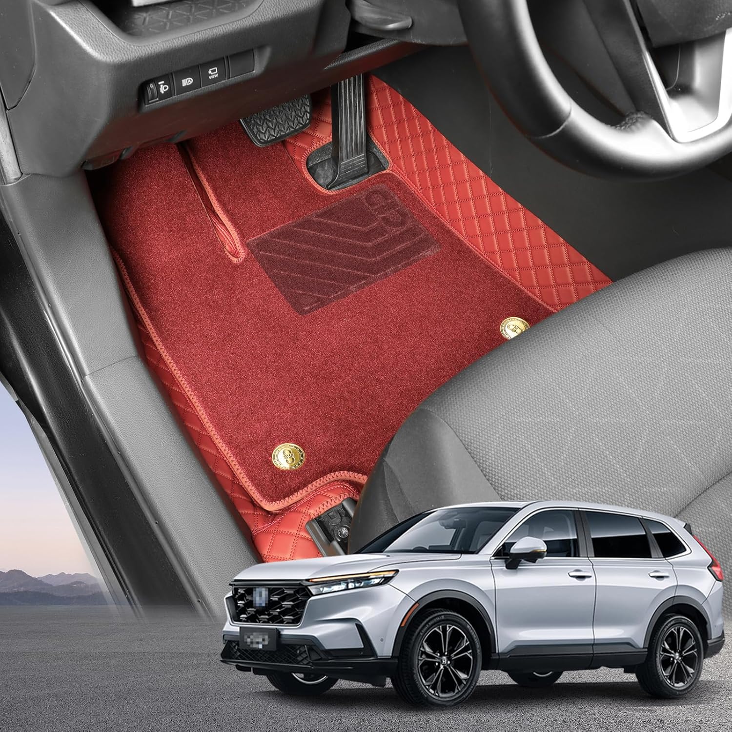 EKR Custom Floor Mats for Honda CRV 2023-2026, Front & 2nd Row Luxury Car Floor Mat Liner Fit CR-V 2023 2024 2025 2026 - Leather(Black and Black Stitching)