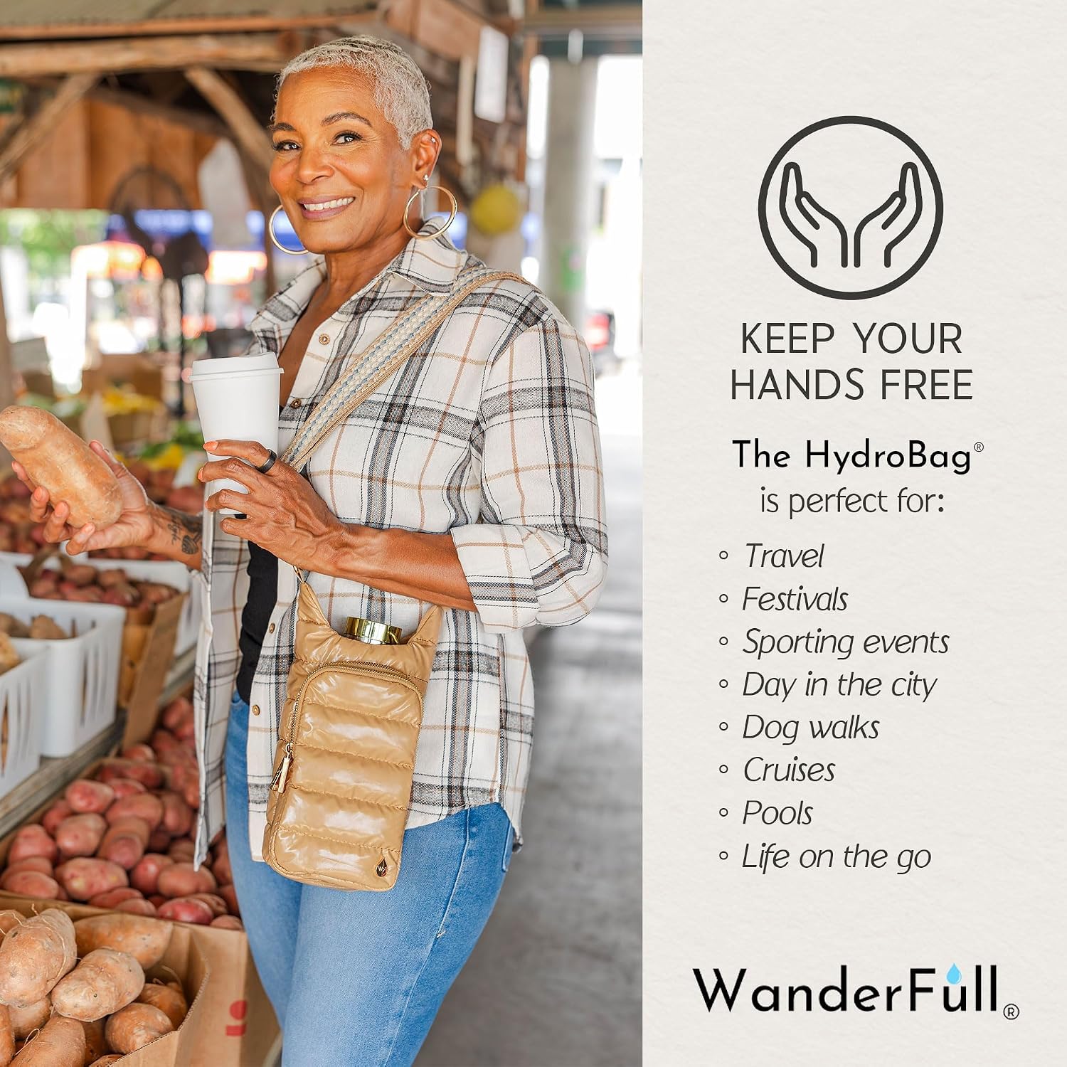 WanderFull Original HydroBag Fits Up to 32 oz Water Bottle Holder with Strap – Hands-Free Crossbody Water Bottle Carrier Bag with Phone Pocket