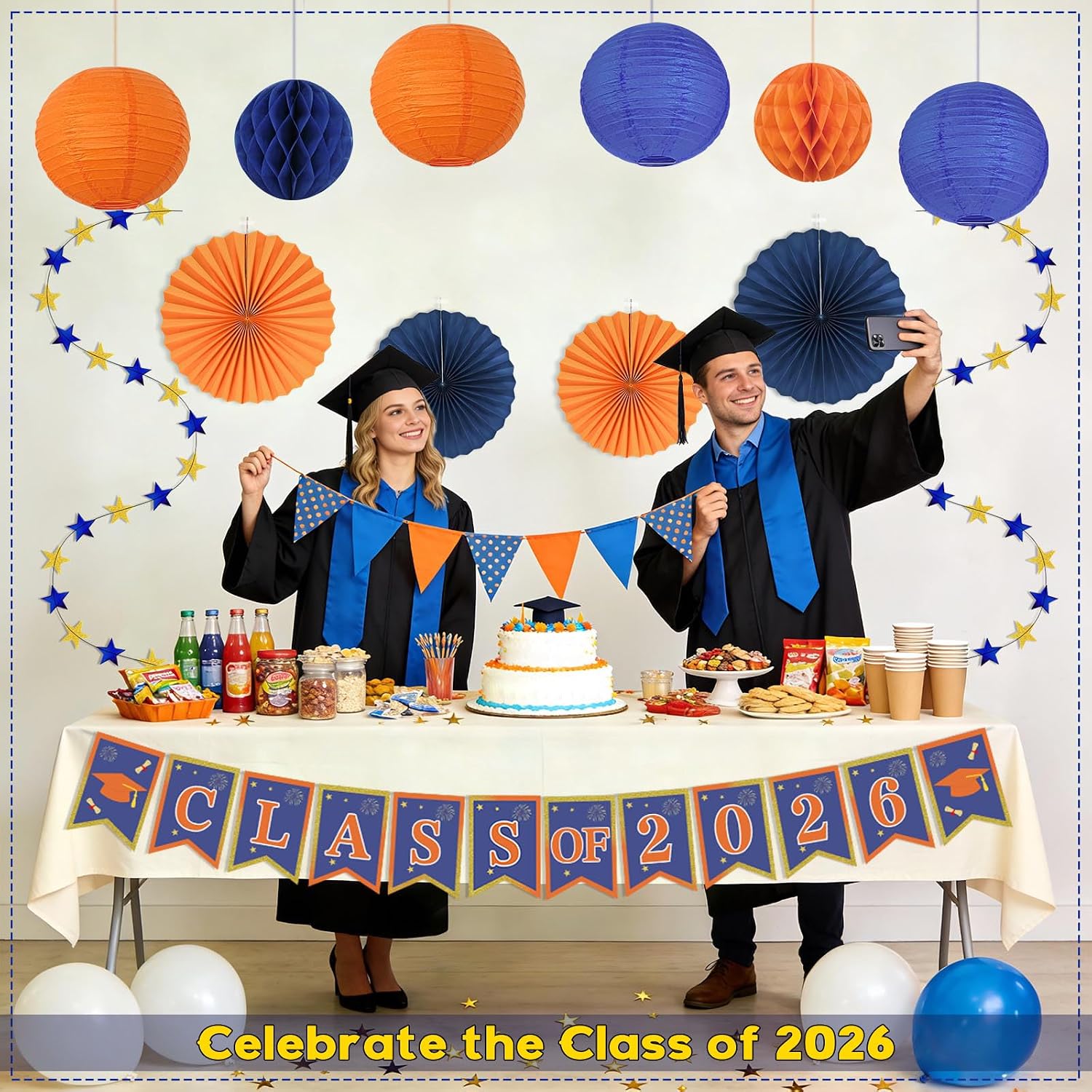 Orange and Blue Graduation Decorations 2026 - 15Pcs Navy Blue and Orange Party Decorations Kit with Class of 2026 Banner, Paper Fans, Lanterns, Honeycomb Balls & Glitter Stars