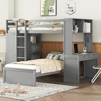 Harper & Bright Designs Twin Over Twin Bunk Bed with Drawers and Bookcase, Twin Size Loft Beds with Desk and Wardrobe, Can Be Moved Bed, Space Saving, No Box Spring Needed, Grey