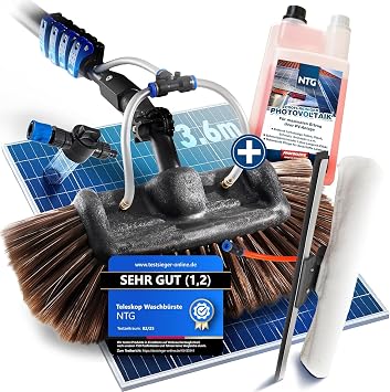 NTG Telescopic Washing Brush 3.6 m 3-in-1 Includes Cleaning Agent Brush Head with Extra Soft Bristles Microfibre Cloth & Squeegee + Water Connection Conservatory Cleaning Set PV System Cleaning