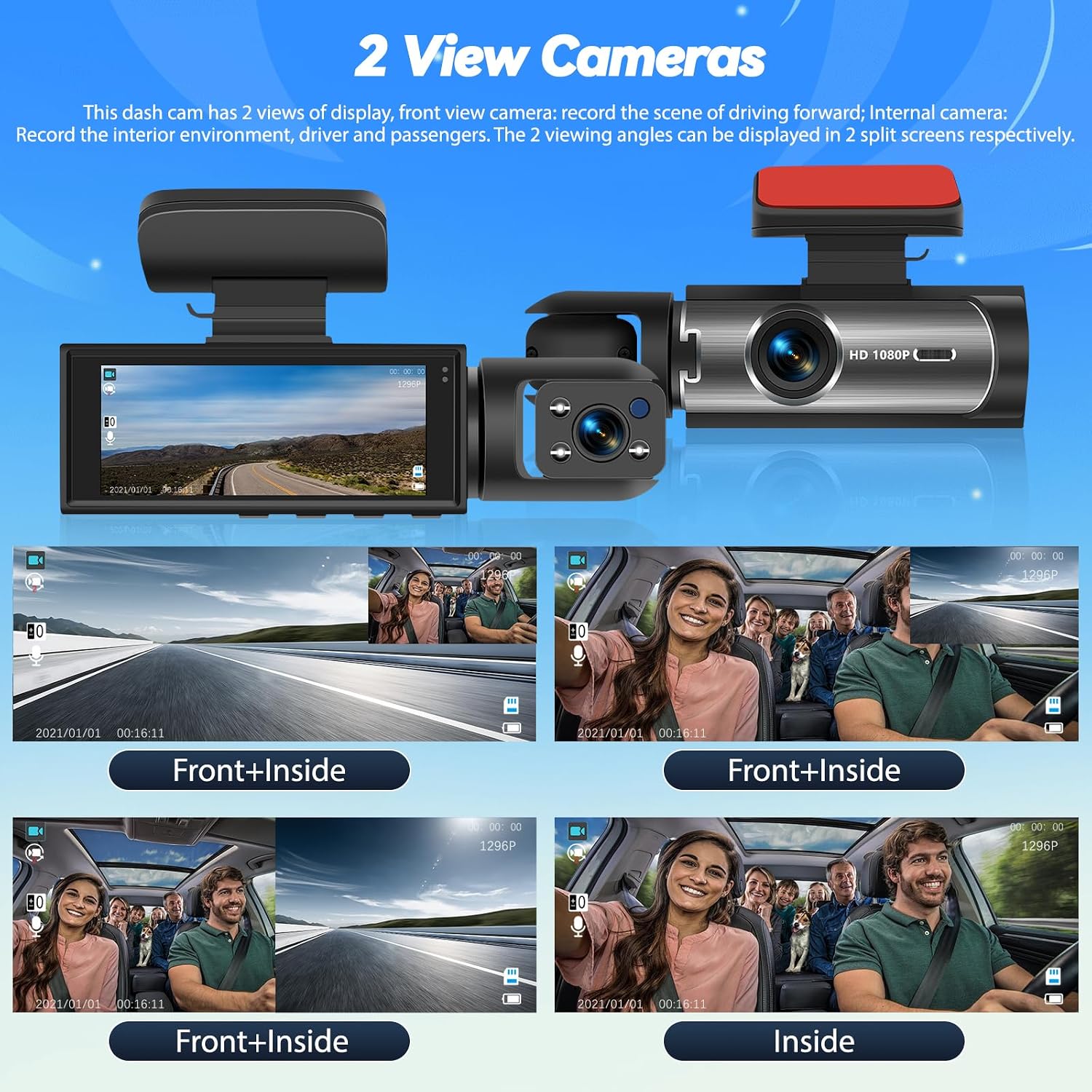 Images showing the dash cam displaying front view, interior view, and various split-screen combinations.