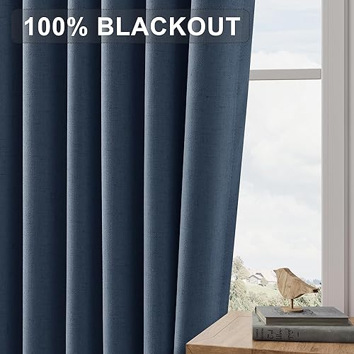 Miniatura 7 de Joywell 2 cortinas opacas 100%, lino, azul mezclilla, pasabarrastrabillas traserascinta para ganchosanillas con pinzas, aislantes, para dormitorio o