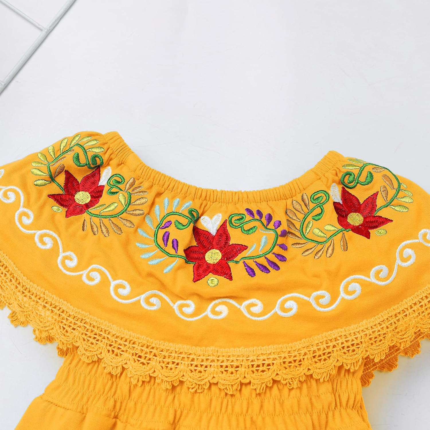 Kids Toddler Girls Traditional Mexican Off-Shoulder Floral Embroidered Drape Dress
