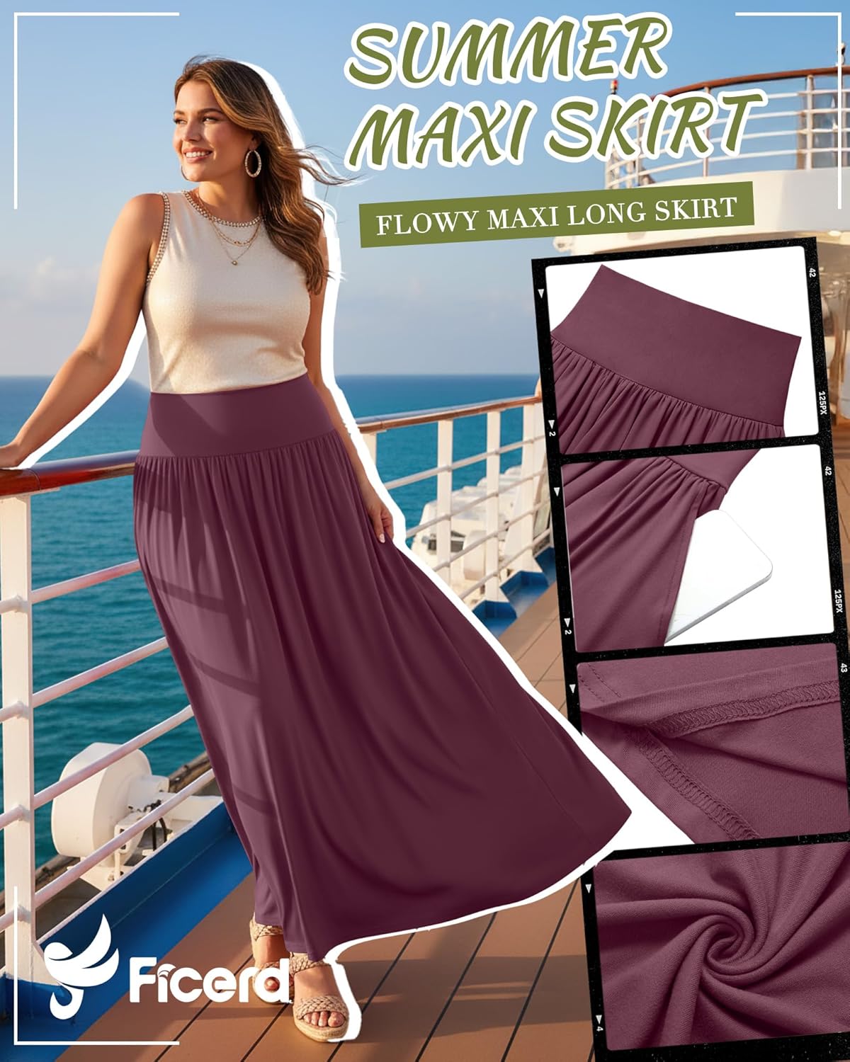 Ficerd 3 Pack Plus Size Maxi Long Skirts for Curvy Women, Ankle Length a Line Pleated High Waisted Summer Skirts with Pocket