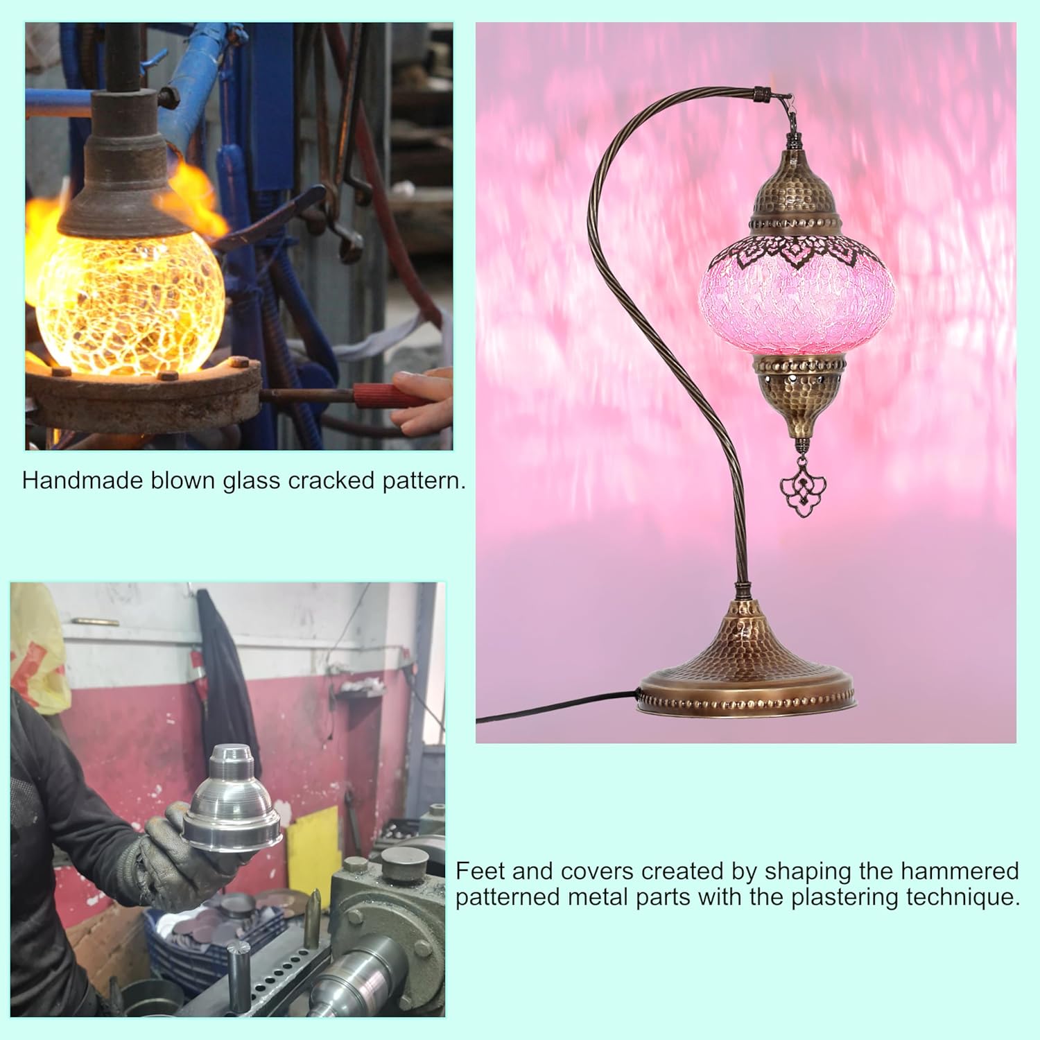 Turkish Mosaic Table Lamp - Green Moroccan Lamp with Antique Base - Perfect Boho Decoration for Bedroom Night Light, Vintage Turkish Lamps and Authentic Boho Decor (Pink)