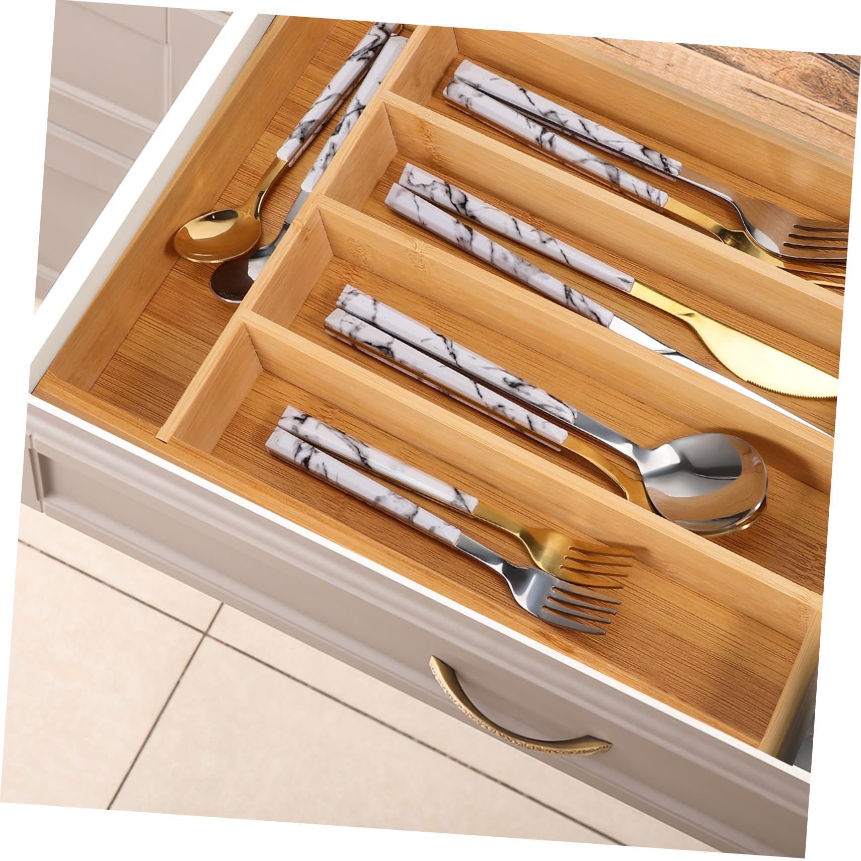 Organizador 5 Cajón de Bambú de Cocina para Cubiertos Marrón Ranuras | Bandeja de Almacenaje, Ranuras Multifunción, Acabado Elegante y Resistente al Desgaste, para Cocina