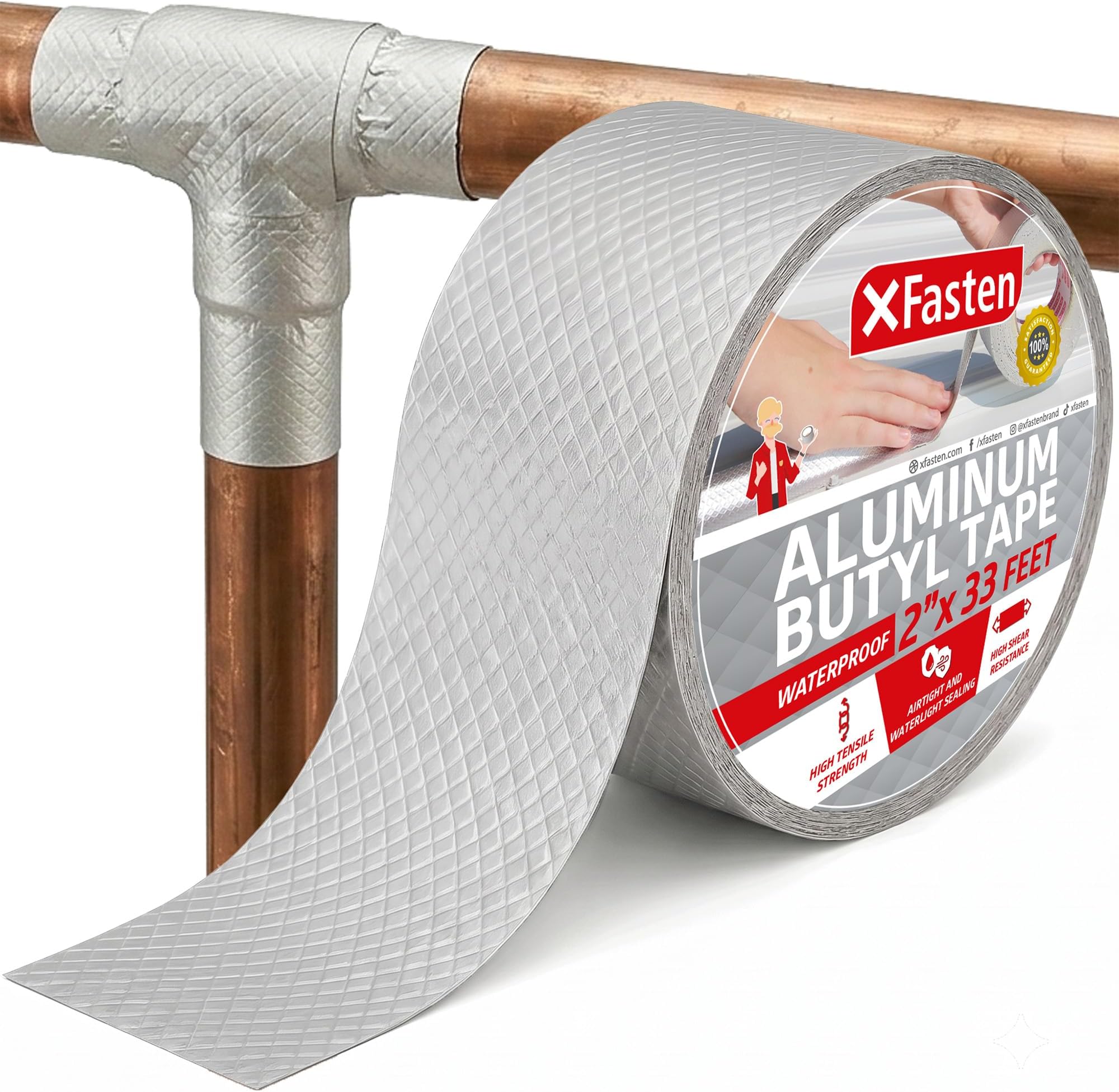 Super Waterproof Aluminum Butyl Tape, 2-Inch x 33-Foot, Aluminum Foil Tape with Butyl Rubber Adhesive for Window and Metal Roof Flashing, Patching and Gutter Leak Repair