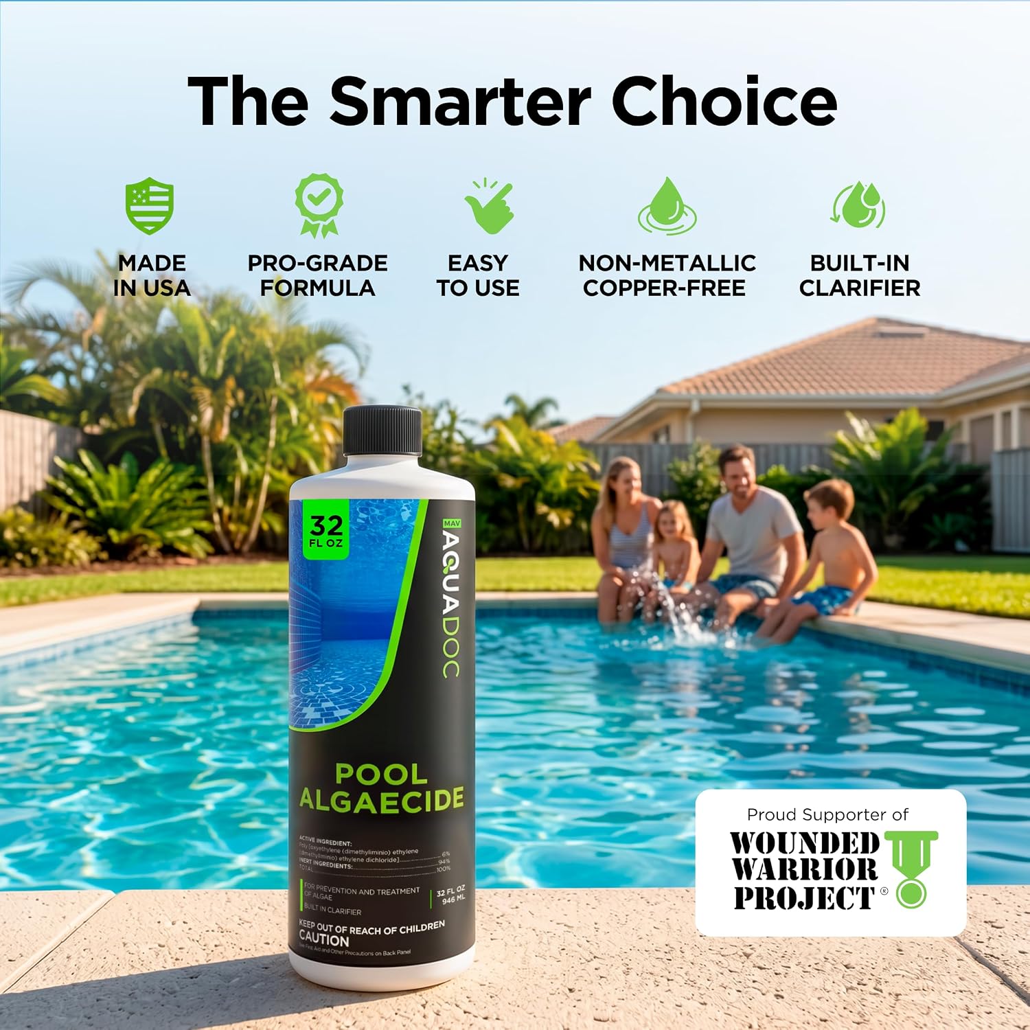 AquaDoc Liquid Algaecide for Swimming Pools - 32 oz - Non-Metallic, Copper-Free Formula for Pool Algae Control with Built-in Clarifier - Made in USA