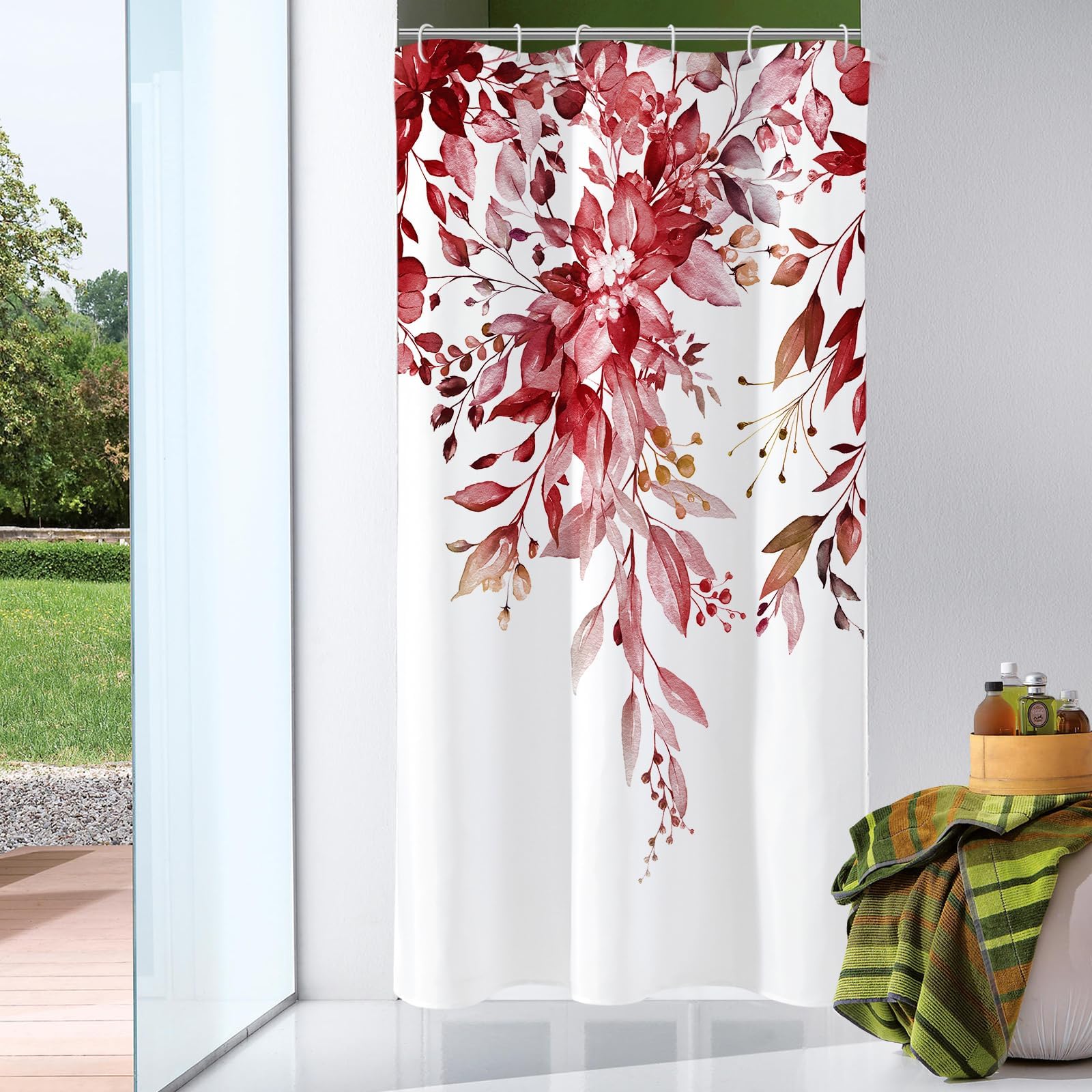 Nulpen Burgundy Red Eucalyptus Shower Curtains, Watercolor Plant Leaves With Floral Bathroom Curtain Bathtub Decor Bath Screen(120X180cm/Wxh/Burgundy Red)