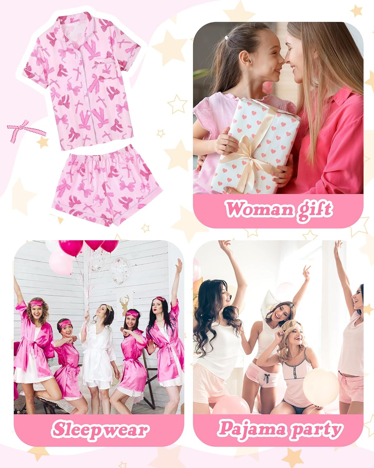 2 Piece Bow Pajamas for Women Bow Short Sleeve Sleepwear Cute Pjs with Gift Bag for Galentine's Valentine Day Gift - Image 5