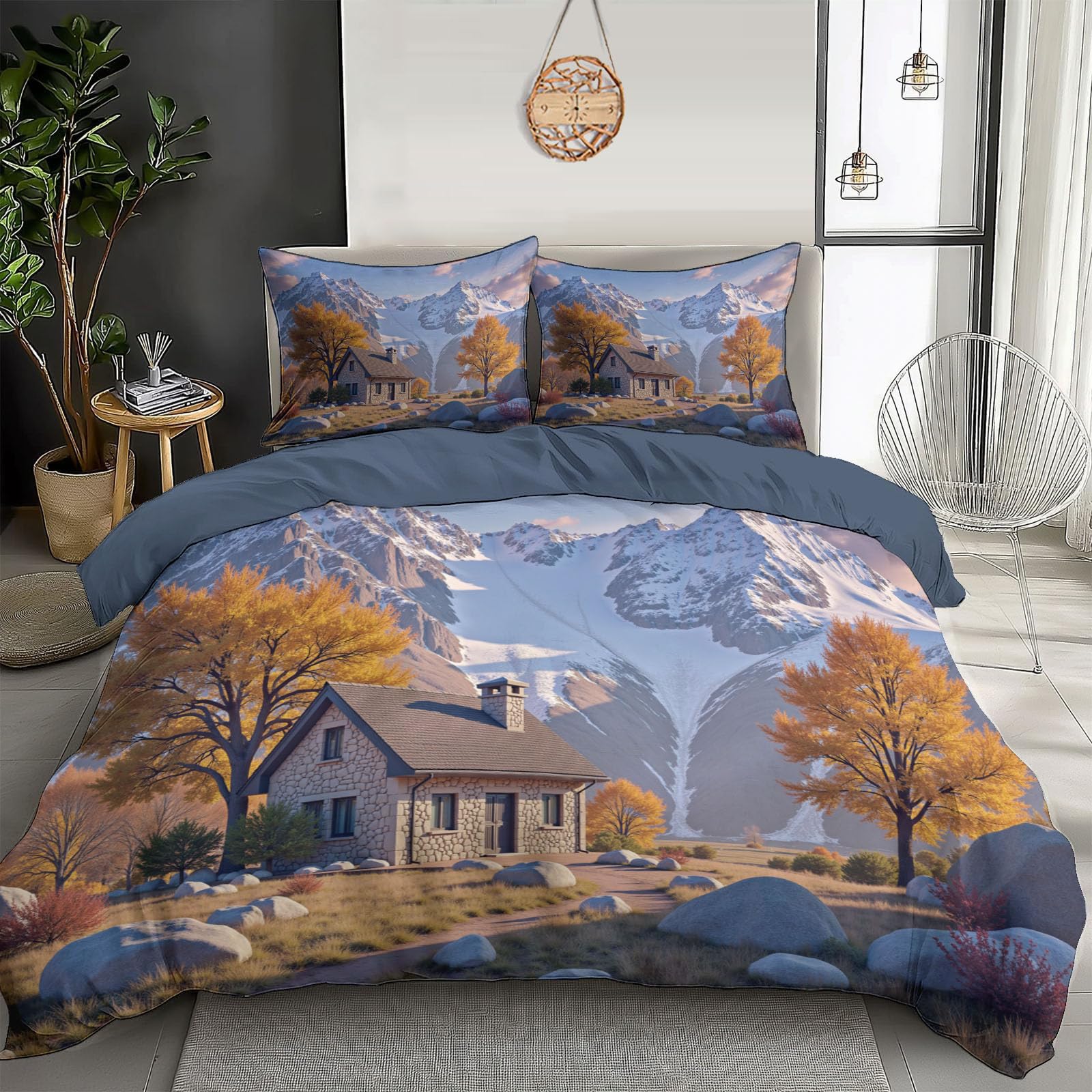 Housse de couette 240x260cm douce respirante anti stress motifs montagnes